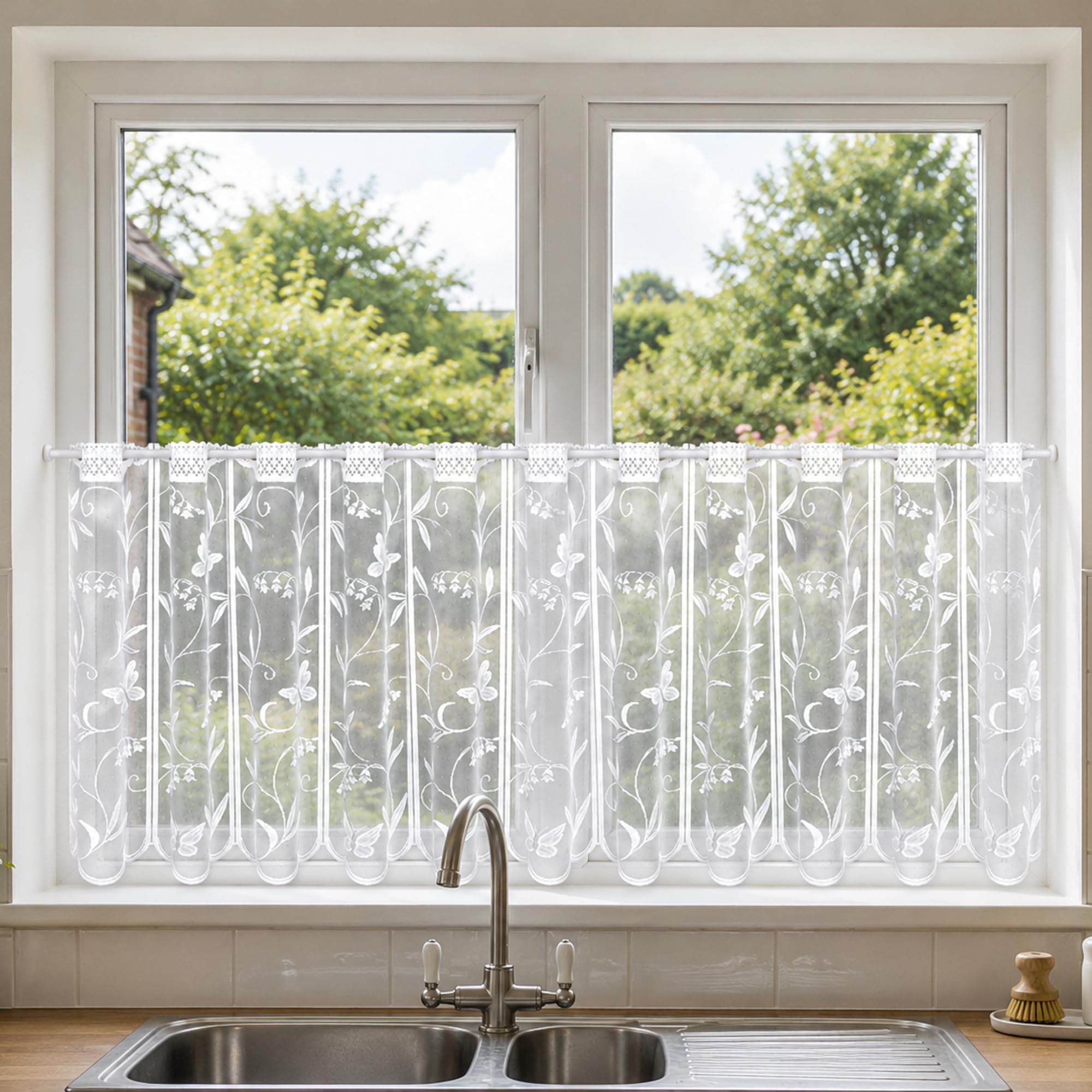 2.5 Metres Wide x 15" (38cm) Drop - Imogen White Butterfly Lace Café Net Curtain with Floral Vine Design – Privacy Window Net Curtain – Scalloped Hem – Slot Top – Light Filtering