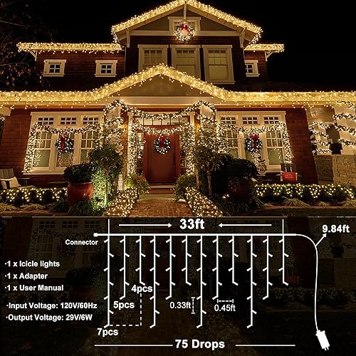 Miniatura 5 de Luces de Navidad de carámbano para exteriores, 33 pies, 400 luces LED de carámbanos para exteriores, luces parpadeantes para interiores con 8 modos
