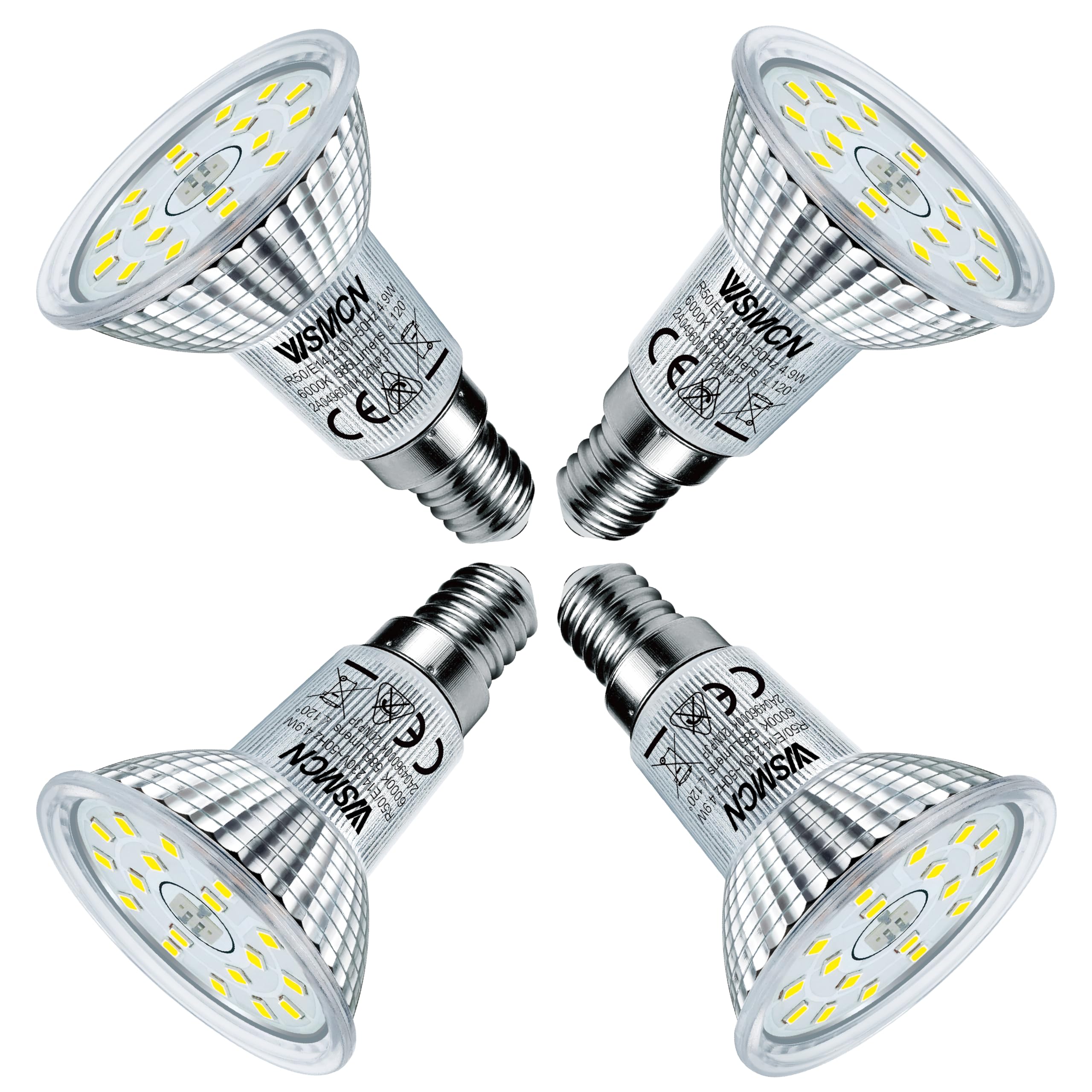 WSMCN E14 LED Bulb 4.9W Equivalent 75W Halogen Spotlight, Small Screw LED Light Bulbs Cool White 6000K 585LM, Non-Dimmable, R50 Reflector lamp 120° Beam Angle, Pack of 4