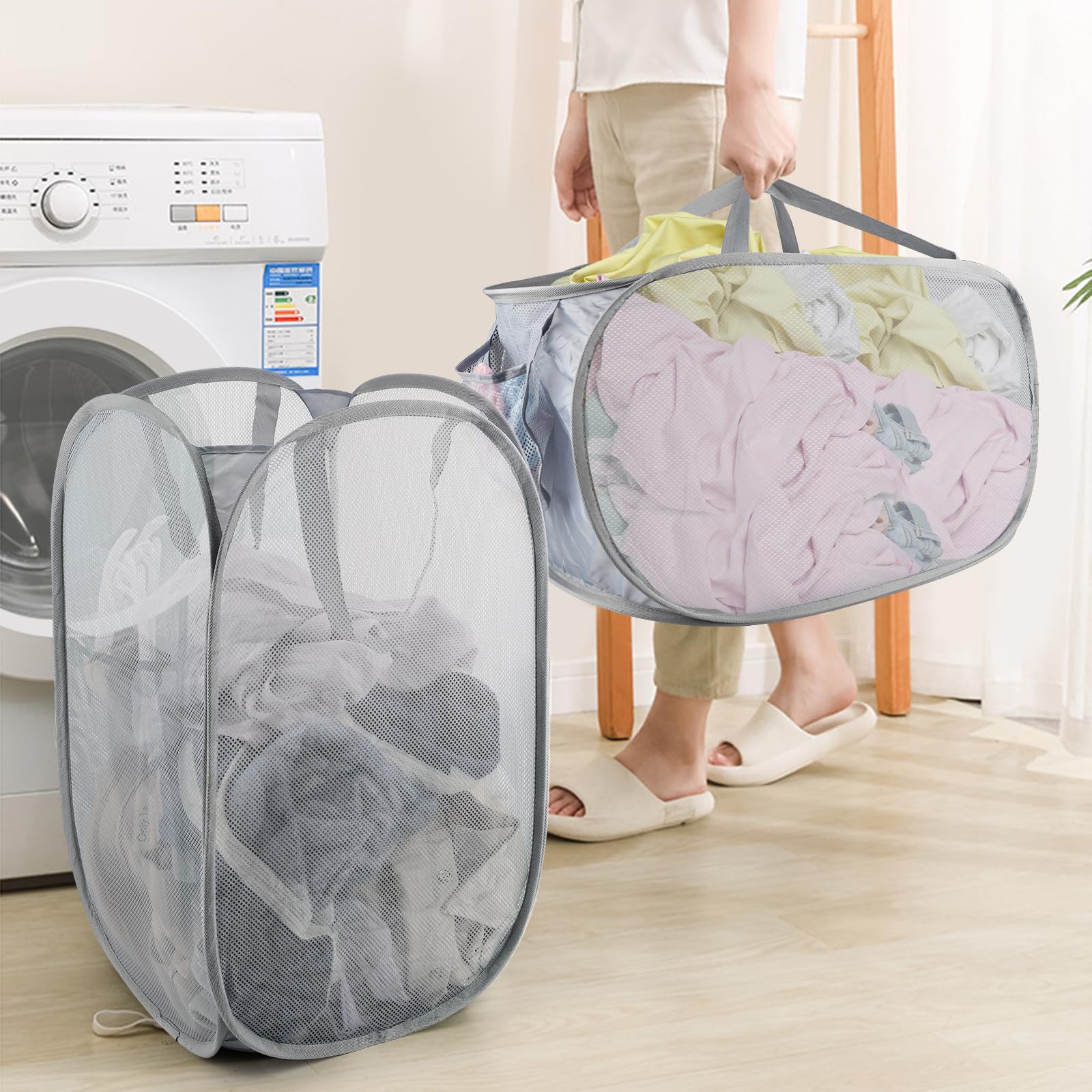 Paquete de 2 cestas de Lavandería Plegables de Malla, Cesta de Llavandería,Cesta Plegable Ropa Sucia con asas de transporte para almacenamiento de ropa y juguetes, lavado plegable