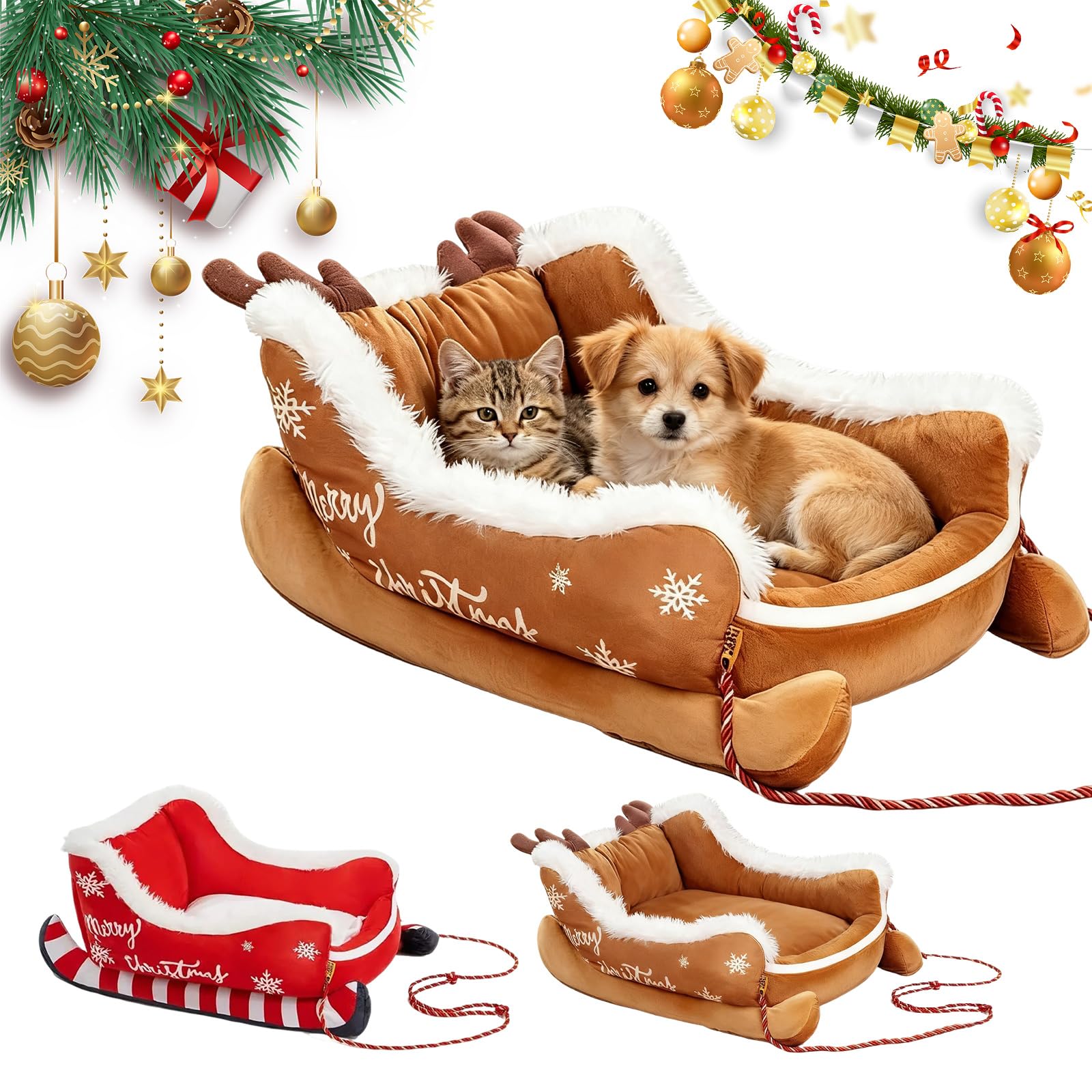 MOFIC Christmas Dog Cat Bed Sleigh with Non Slip Base for Indoor and Outdoor (Brown, M)