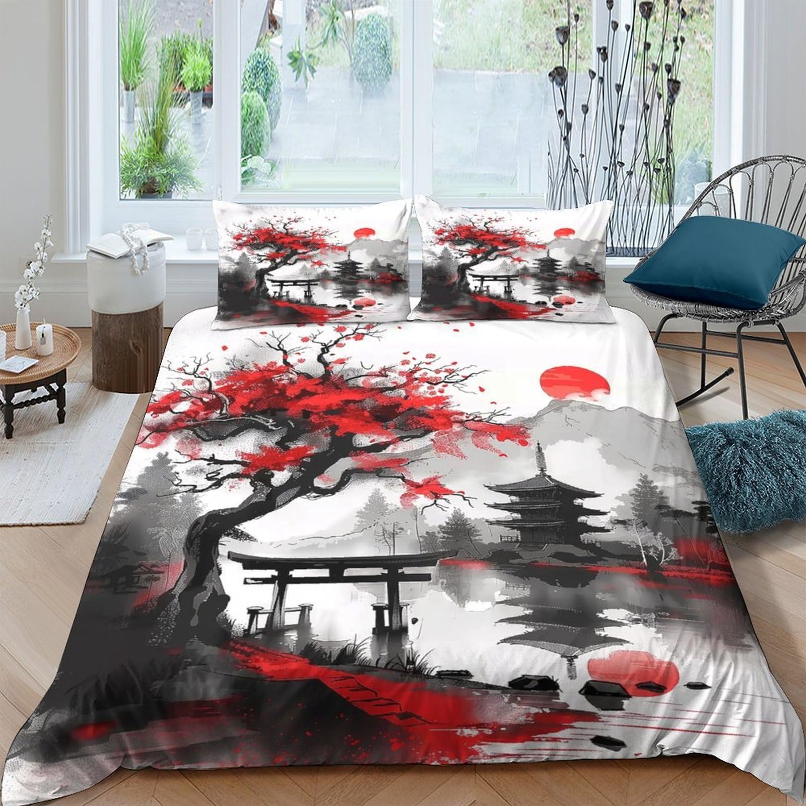 Ctjqhvkz Style-8 3D Printed Japanese Red Maple Fitted Sheet Microfiber Soft Pagoda Bed Cover For Bedroom Guest Room Decor Single（135X200cm）