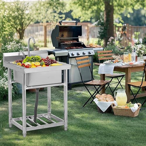 Miniatura 6 de Fregadero utilitario de acero inoxidable de pie individual para lavandería, fregadero de cocina comercial al aire libre con tubo frío caliente para