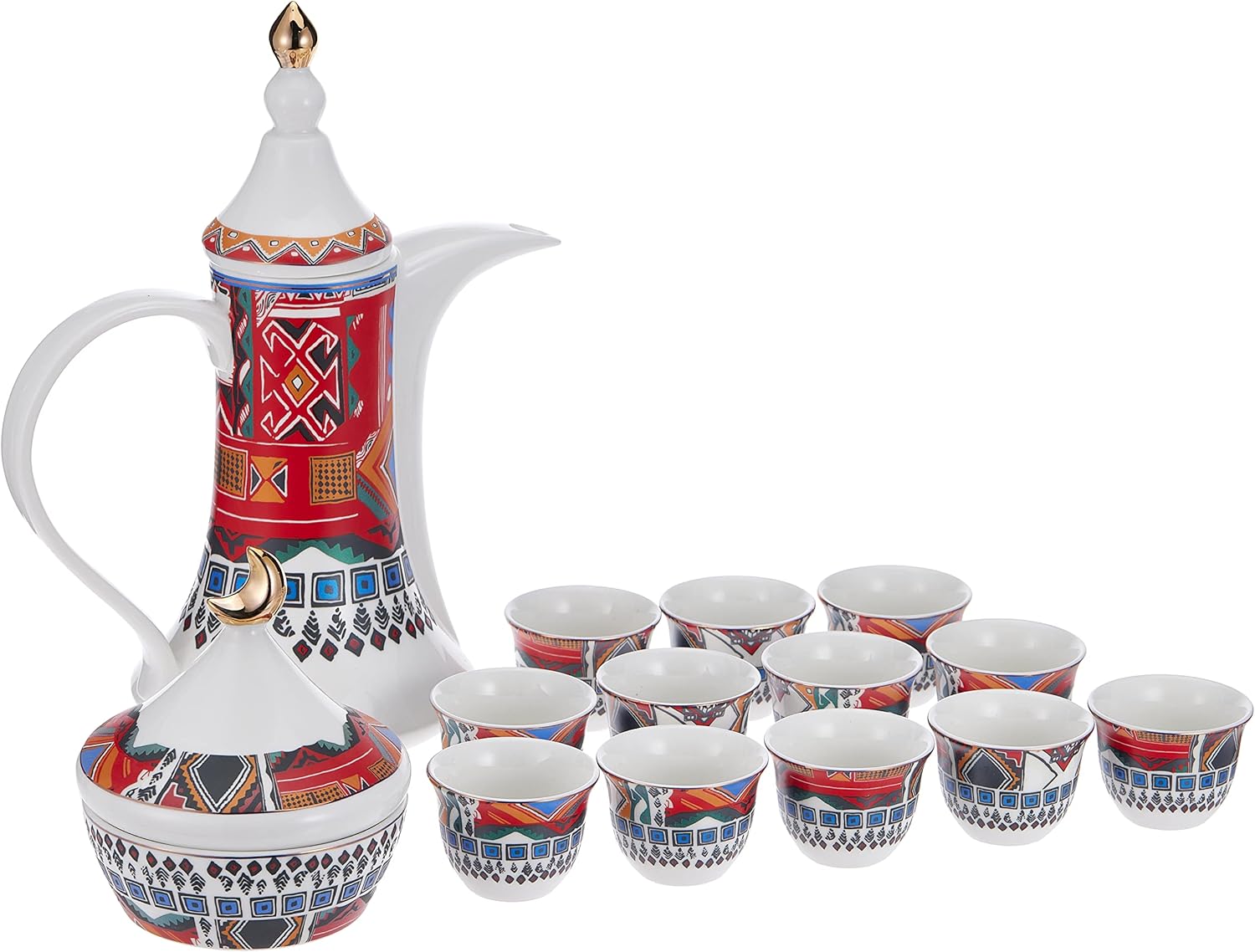 Neoflam Istekana Cahwa,porcelain Arabic coffee set, with Dallah, and dates bowl lid, 16 pieces,decorated colored drawing., Assorted