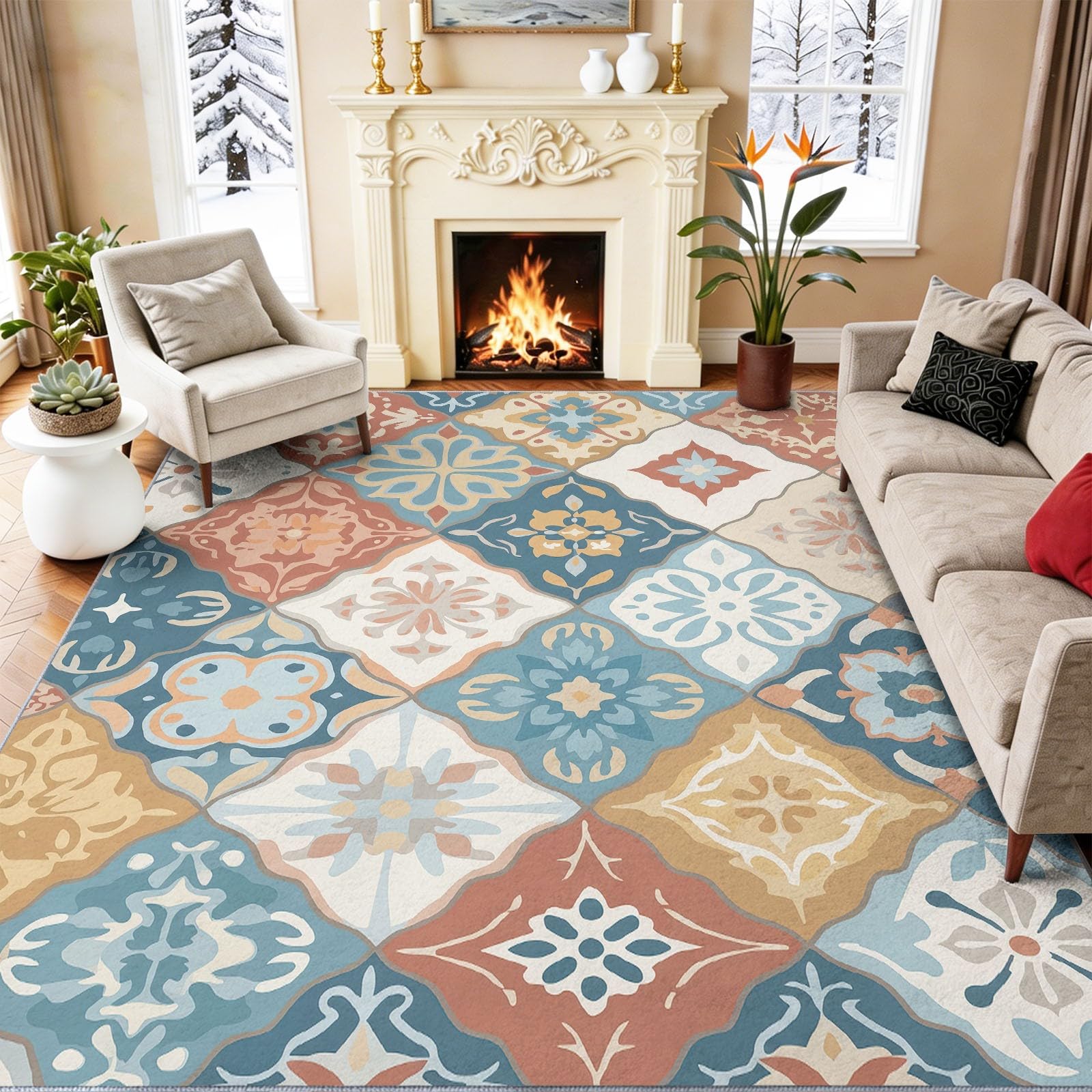 Tapis géométrique losange fleurs coloré grand format pour chambre