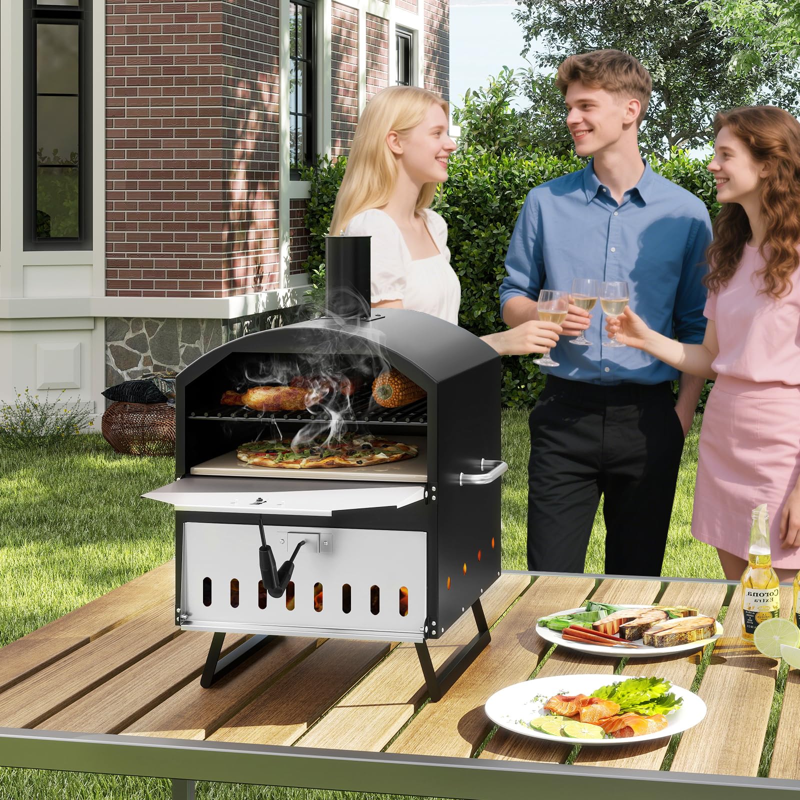 GOPLUS Horno de Pizza 16 Pulgadas Exterior, Horno de Pizza de Leña de 2 Capas con Piedra, Pala y Rejillas para Parrilla, Portátil con Patas Plegables y Cubierta, para Camping, BBQ, 61 x 53 x 83 cm