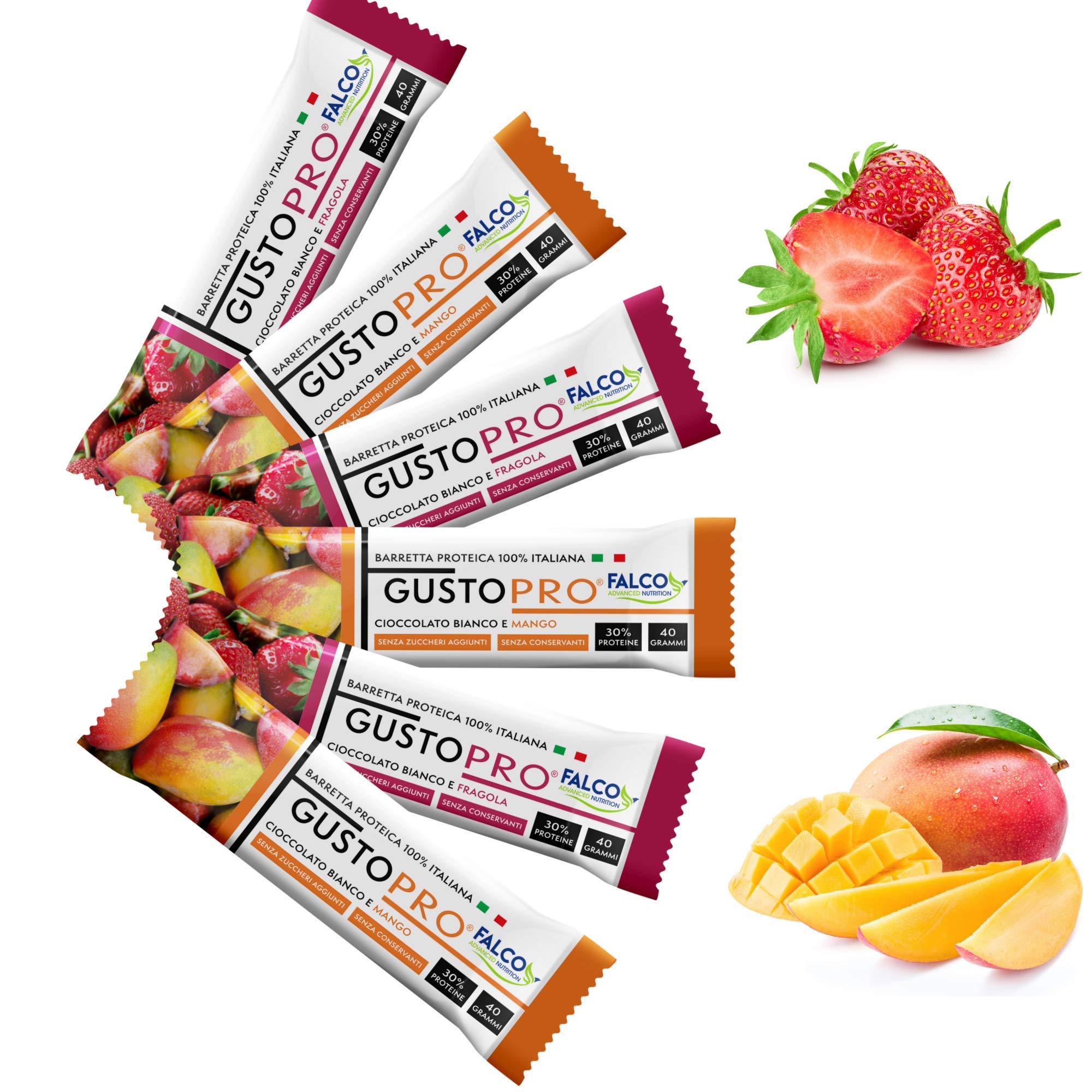 GUSTOPRO - BOX BIANCO (24x40g) – 2 GUSTI (12x gusto) - Barretta Proteica SENZA ZUCCHERO, croccante, 30% PROTEINE Cioccolato Bianco al Maltitolo gusto Fragola e Mango. 100% NATURALE Made in Italy