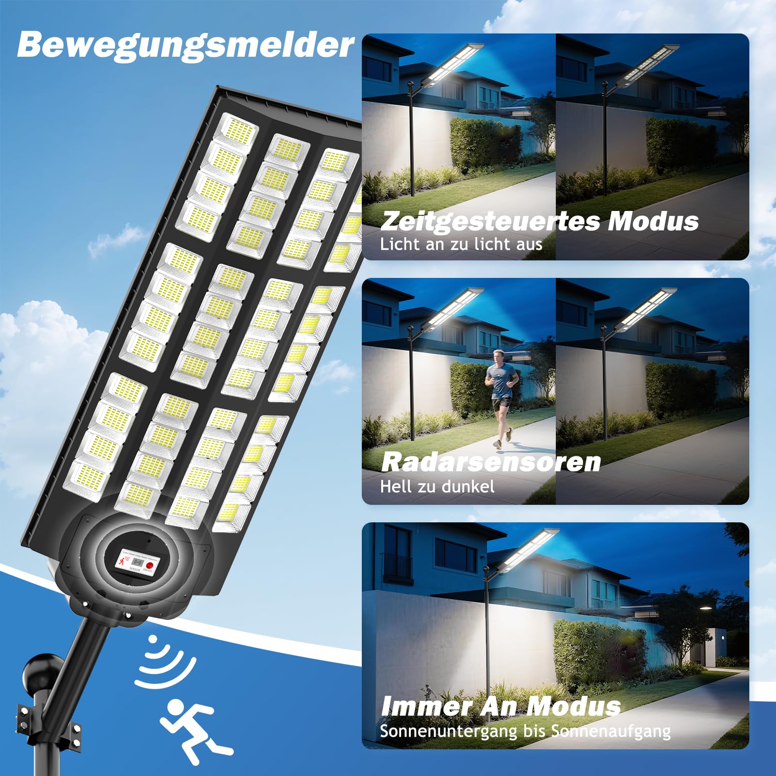Große Solar Straßenlaterne für Außen, IP67 Wasserdichte Solarlampen mit Bewegungsmelder, 7000K Große Solarleuchten für Außen mit Fernbedienung, Solar Wegeleuchte für Garten Parkplatz Straßen