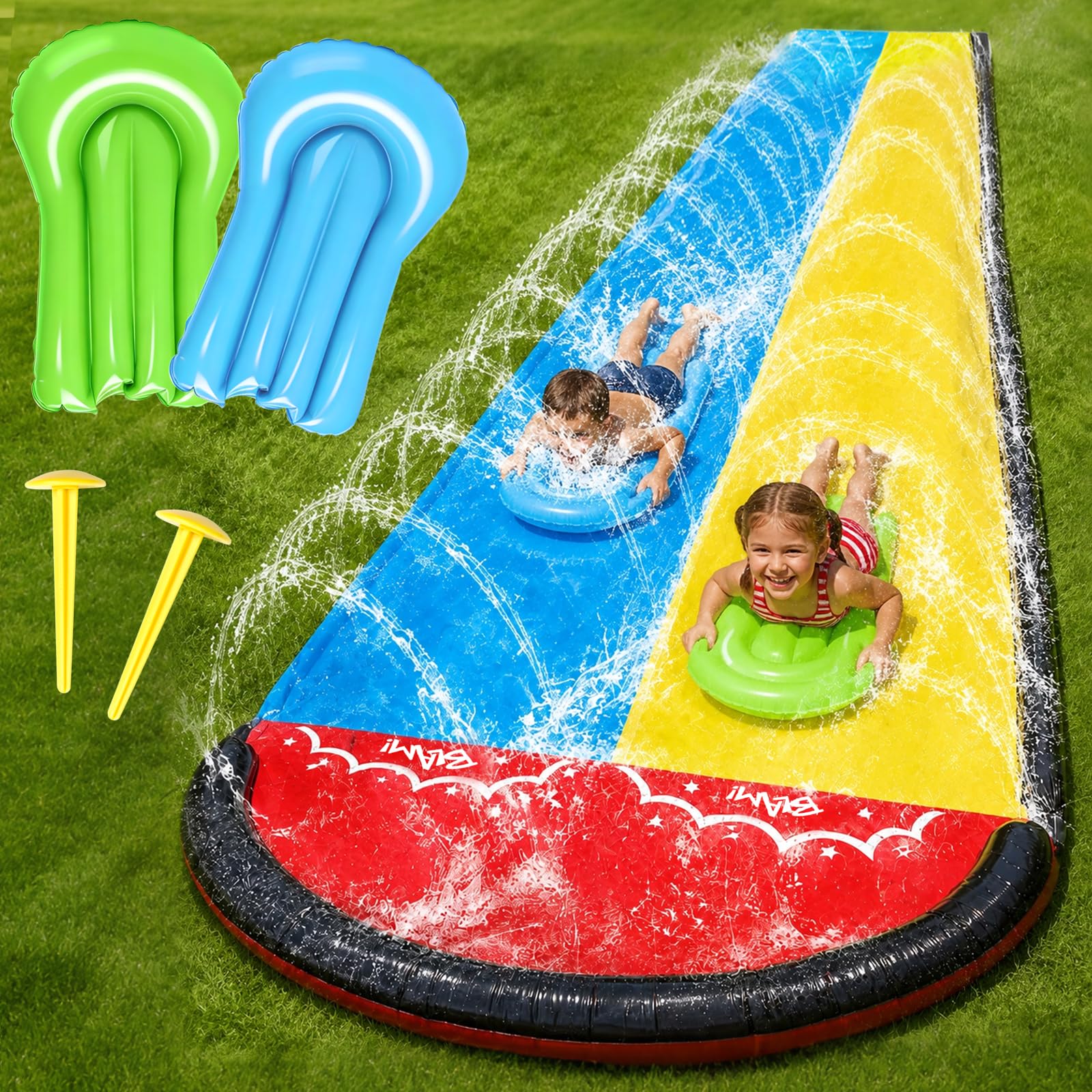 Yisquar Tobogán acuático para jardín, 480 cm, doble tobogán con aspersor integrado, con aspersor y 2 tablas inflables, tobogán acuático inflable, para fiesta de verano, Lawn