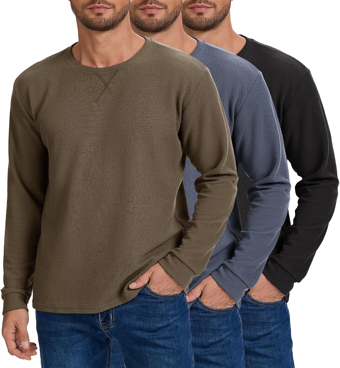 3 Pack Mens Waffle Shirts Long Sleeve Shirt Regular Fit Casual T-Shirt Crewneck Lightweight Pullover Top