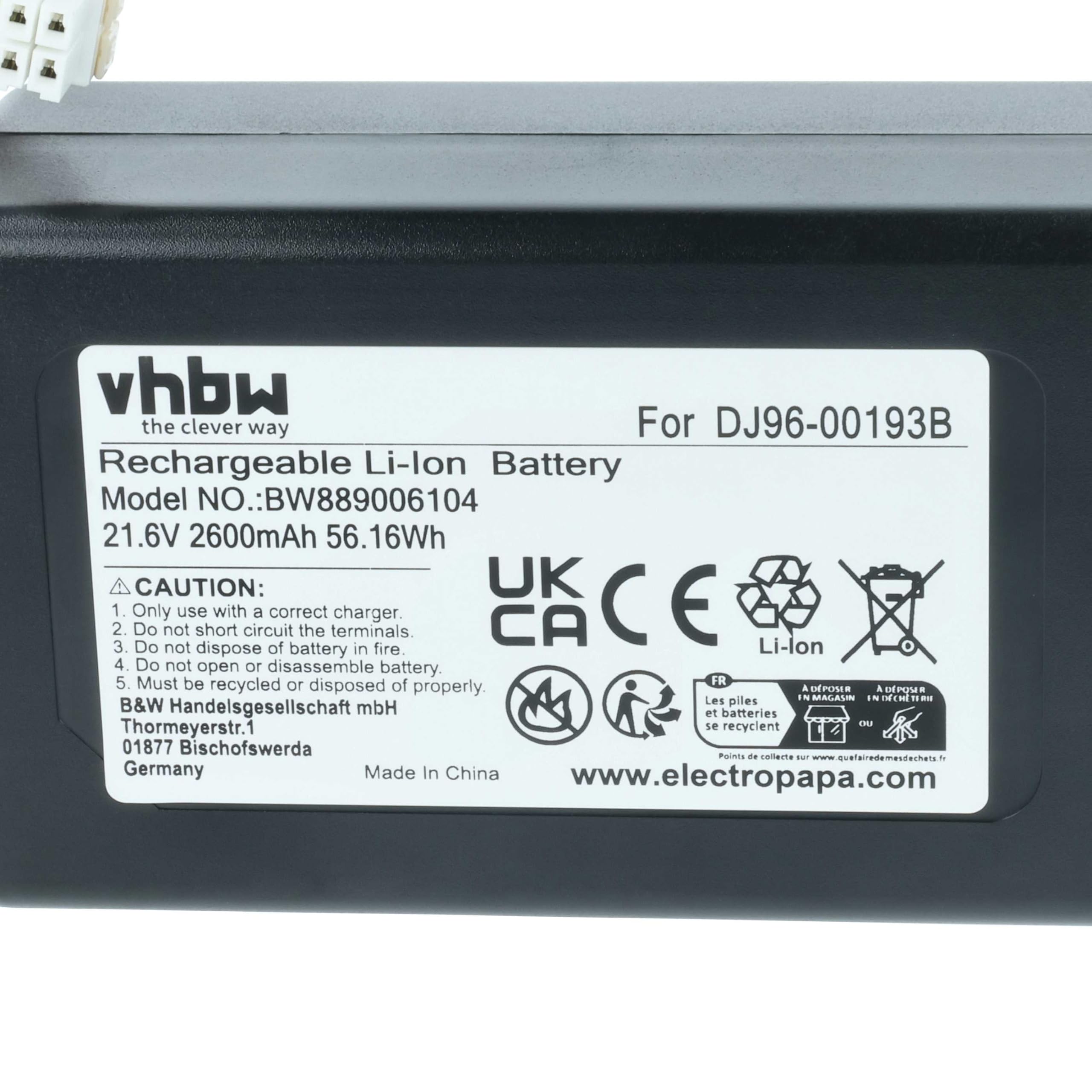 vhbw Akumulator kompatybilny z robotem odkurzającym Samsung Powerbot VR20J9250UC/EN, VR20J9250UK/SA, VR1AM7040WG/AA (2,6 Ah, 21,6 V, litowo-jonowy)