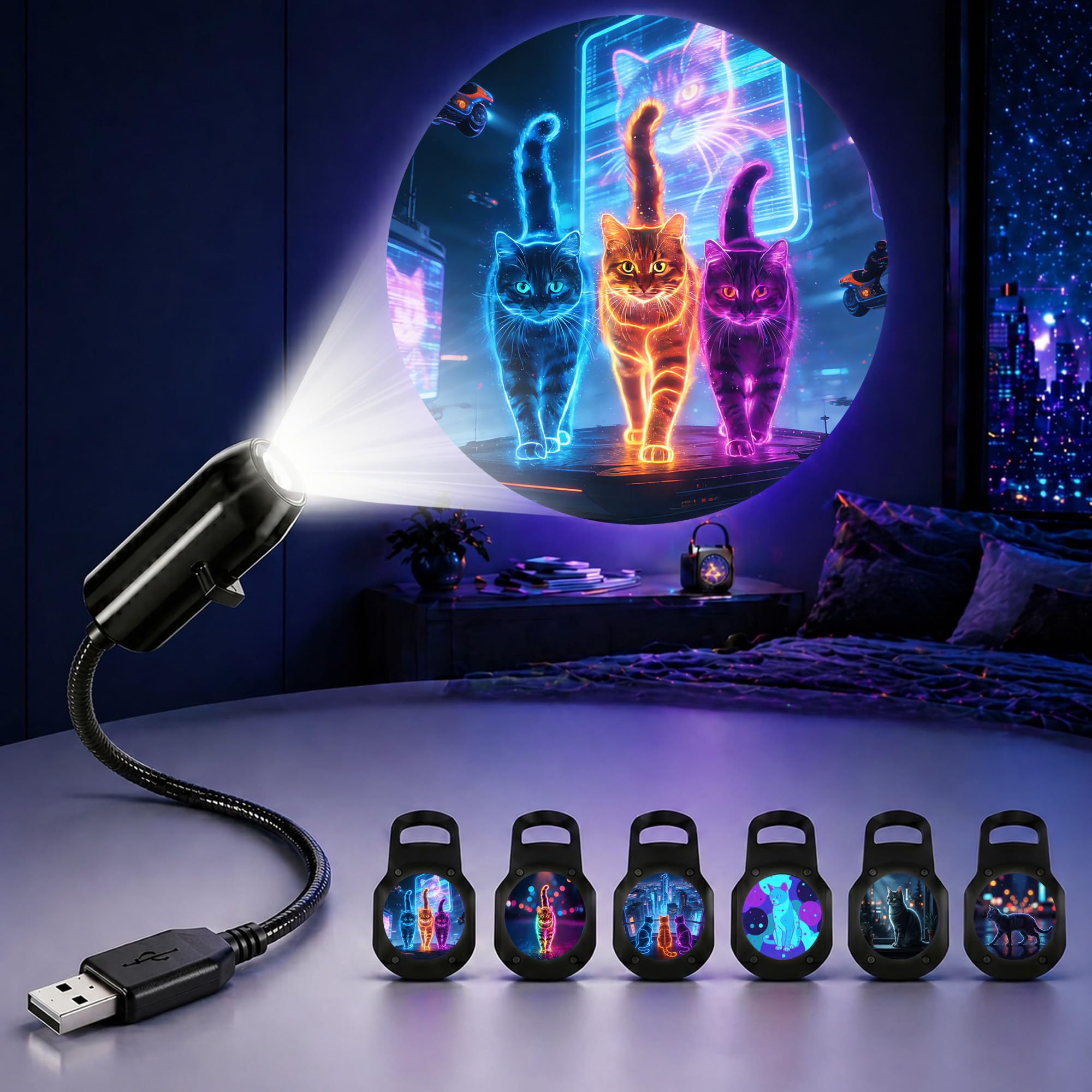 TnLnYn Cat Theme Projector Night Light 2-in-1 USB Mini LED Projection — image 1