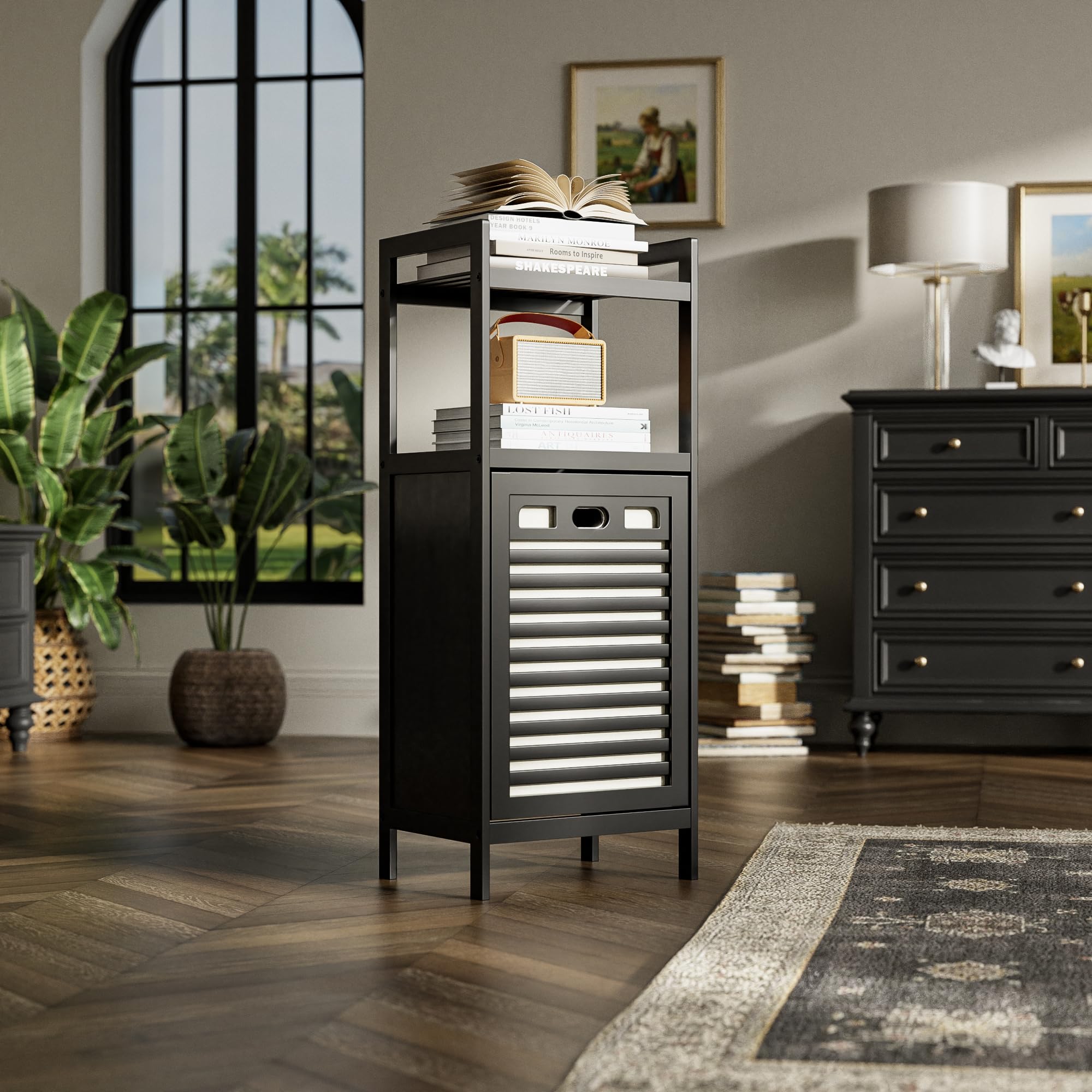 HITNET ‌Badschrank mit Wäschekorb, Wäscheschrank, Bambus Badezimmerschrank mit Wäschesammler und 2 Offene Regale, 40L Herausnehmbare Innentaschen mit Griffen für Badezimmer Schlafzimmer, Schwarz