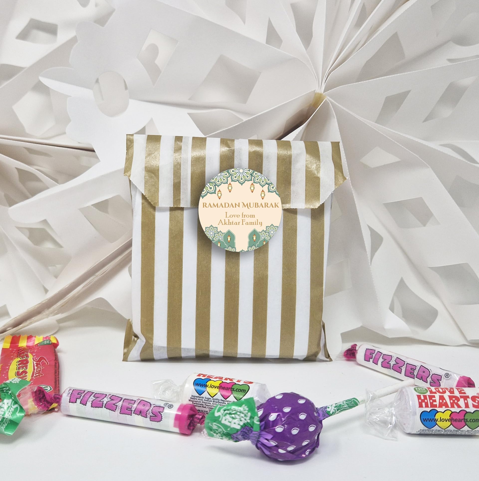 Personalised Eid Mubarak & Ramadan Kareem Celebration Sticker Sheet - 35 Round Stickers, Paper eid Celebration Stickers, Labels - 35 Eid Mubarak Design with 35 Empty Bags