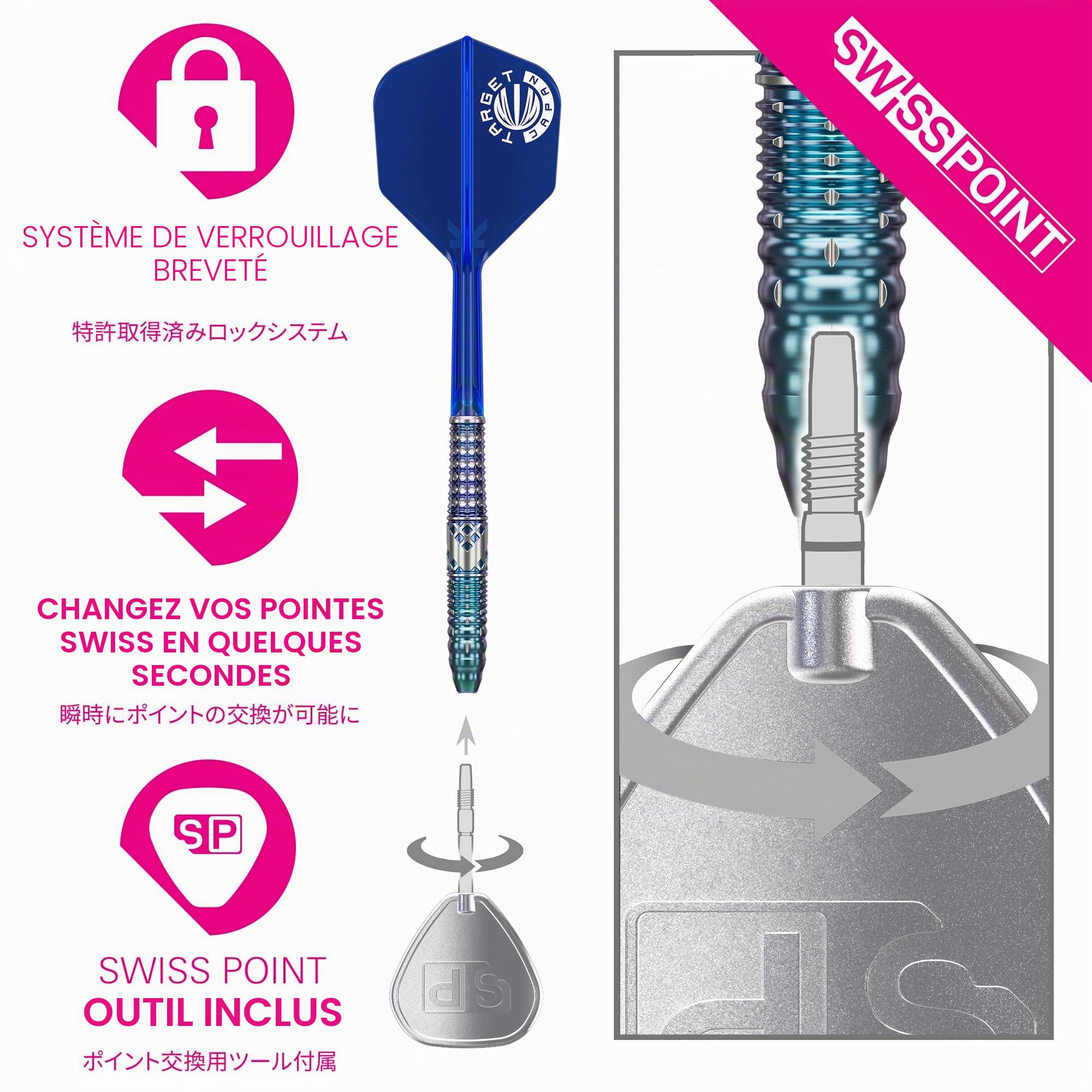 Target Japan Charis G5 Swiss Point à Pointe en Acier Fléchettes avec Kflex, 22G/24G | Jeu de Fléchettes 90% Tungstène, Ailettes et Tiges K-Flex, Storm Nano, Cathy Leung Gen 5, Blue K Flex Imprimé N° 6