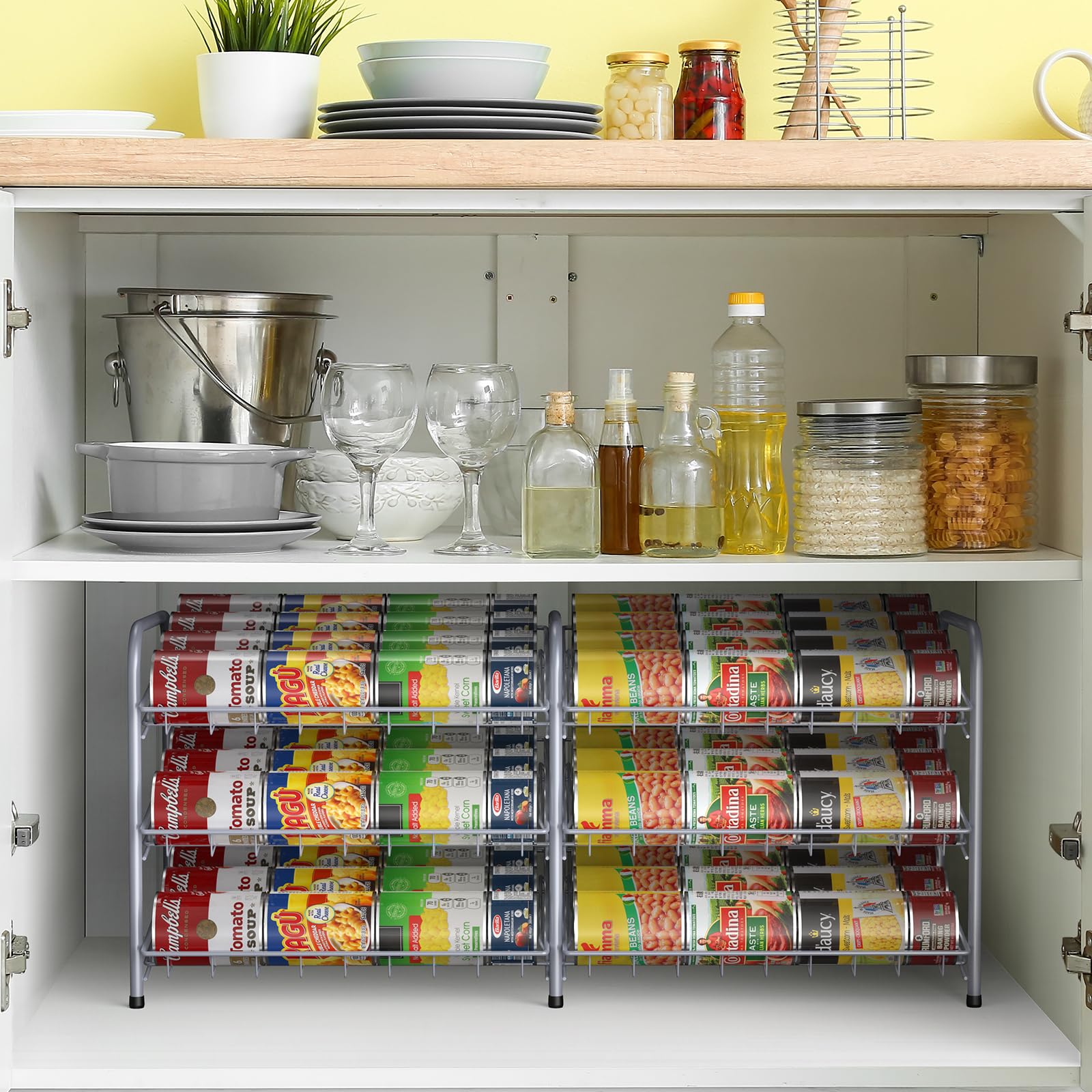 MOOACE Can Rack Organizer, 2 in 1 Can Storage Dispenser for 72 Cans, Can Organizer for Pantry Kitchen Cabinet, Silver