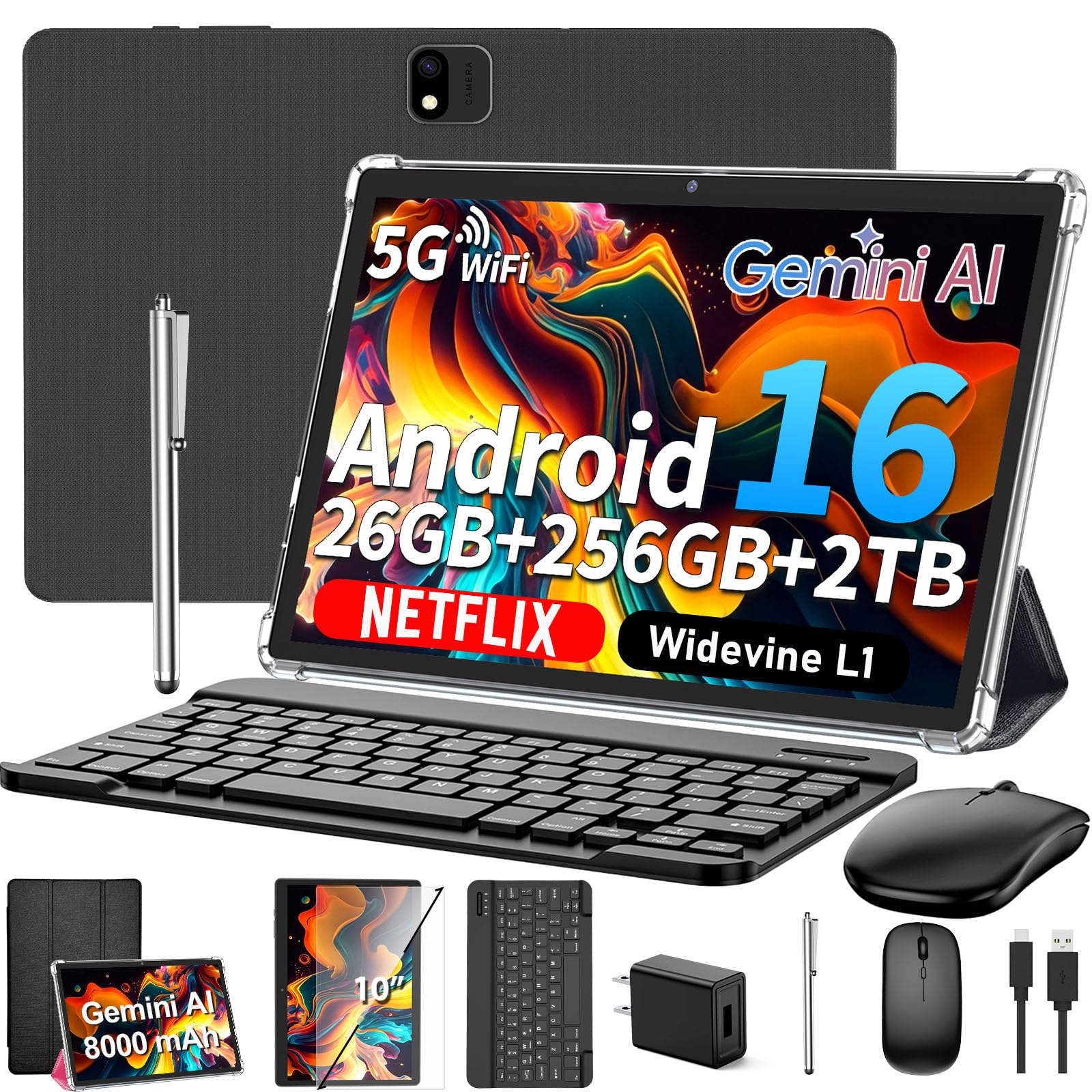 Android 16 Tablet with Keyboard - 10 inch Tablet with 26GB+256GB+2TB Expand | 2026 Electronic Tablet with Gemini AI, 8-Core, 5G WiFi, 8000mAh, GPS, GMS, 2 in 1 Tablet PC with Case, Mouse, Stylus (Black)