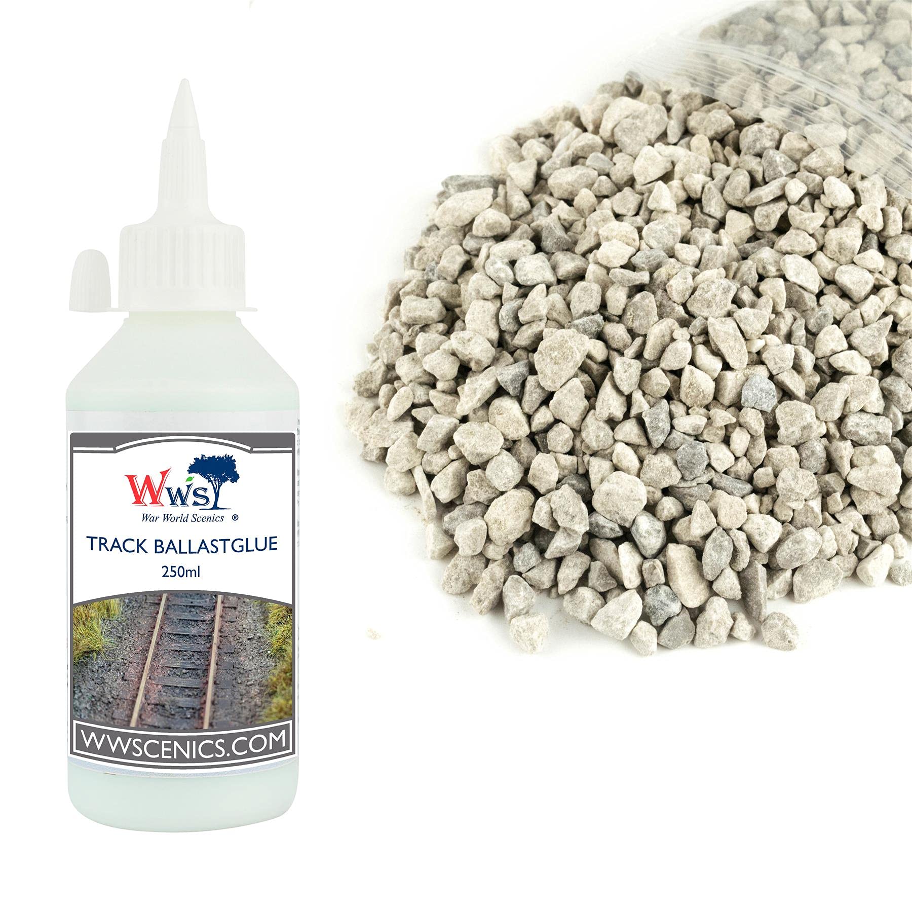 War World Scenics 500g Ballast & 250ml Glue Kit for Model Rail Tracks – Large Grade Light Grey — image 1