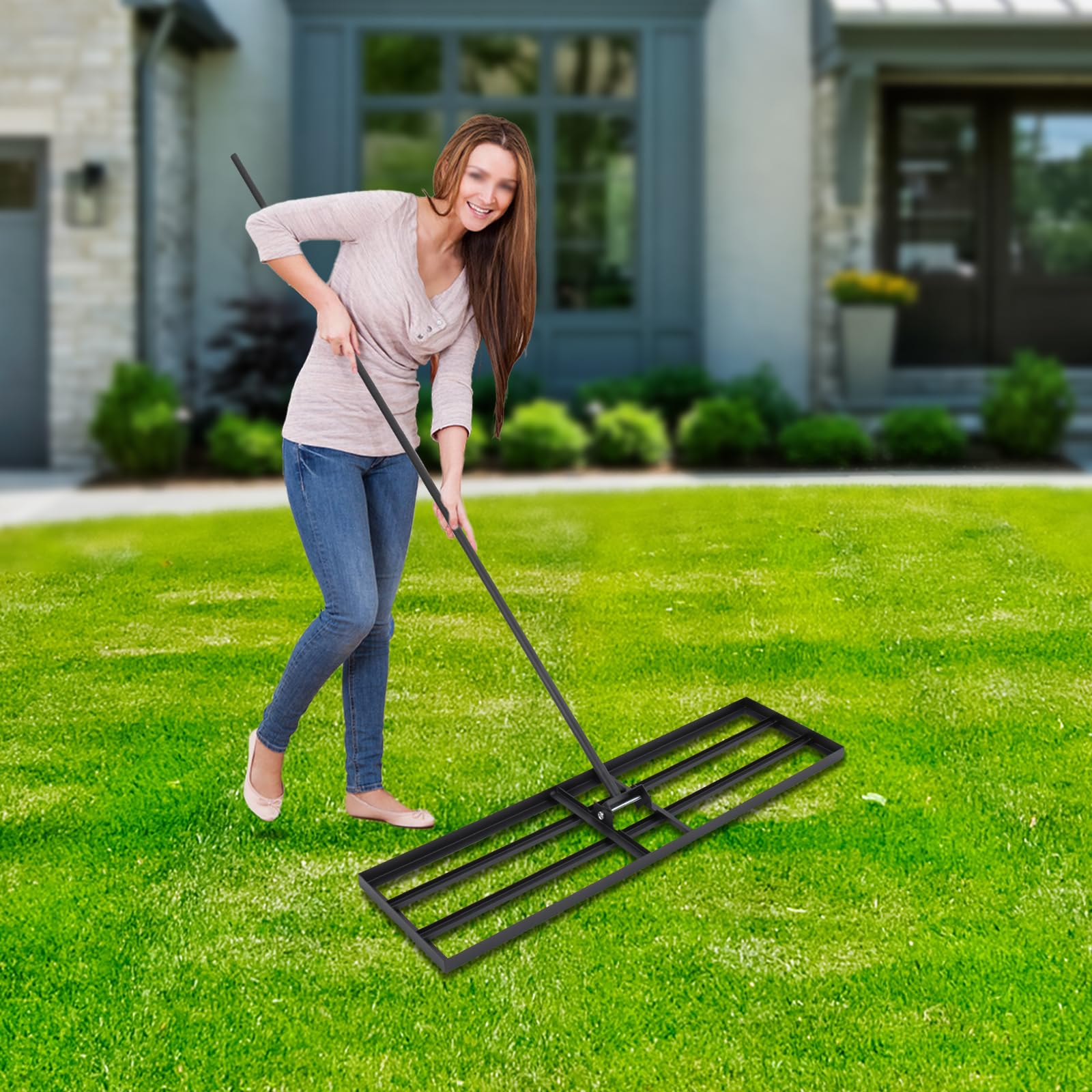 Rastrello livellatore per prato, attrezzo da giardinaggio per la cura del prato con manico da 175 cm, angolo flessibile, per cortili, giardini, fattorie, prati, angolo di rotazione 180°, dimensioni
