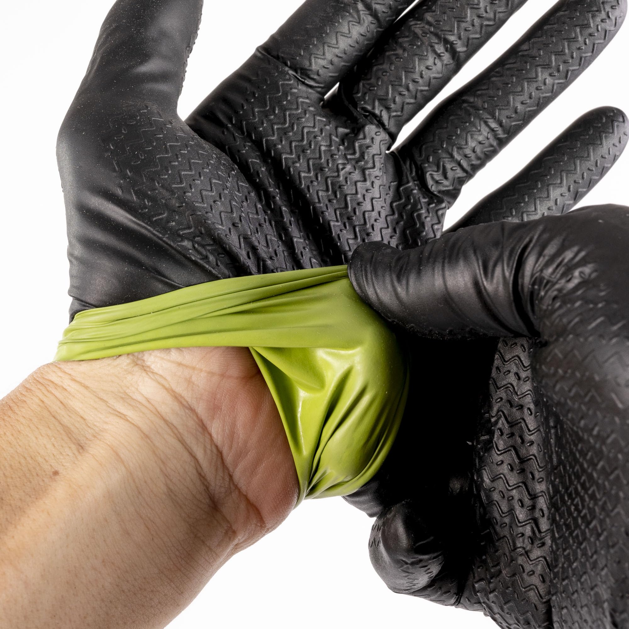 Guantes de nitrilo resistentes bicolor negro y verde ZIG texturizado, agarre seguro, sin látex, sin polvo, 8 mm, caja de 100 unidades (talla XL)