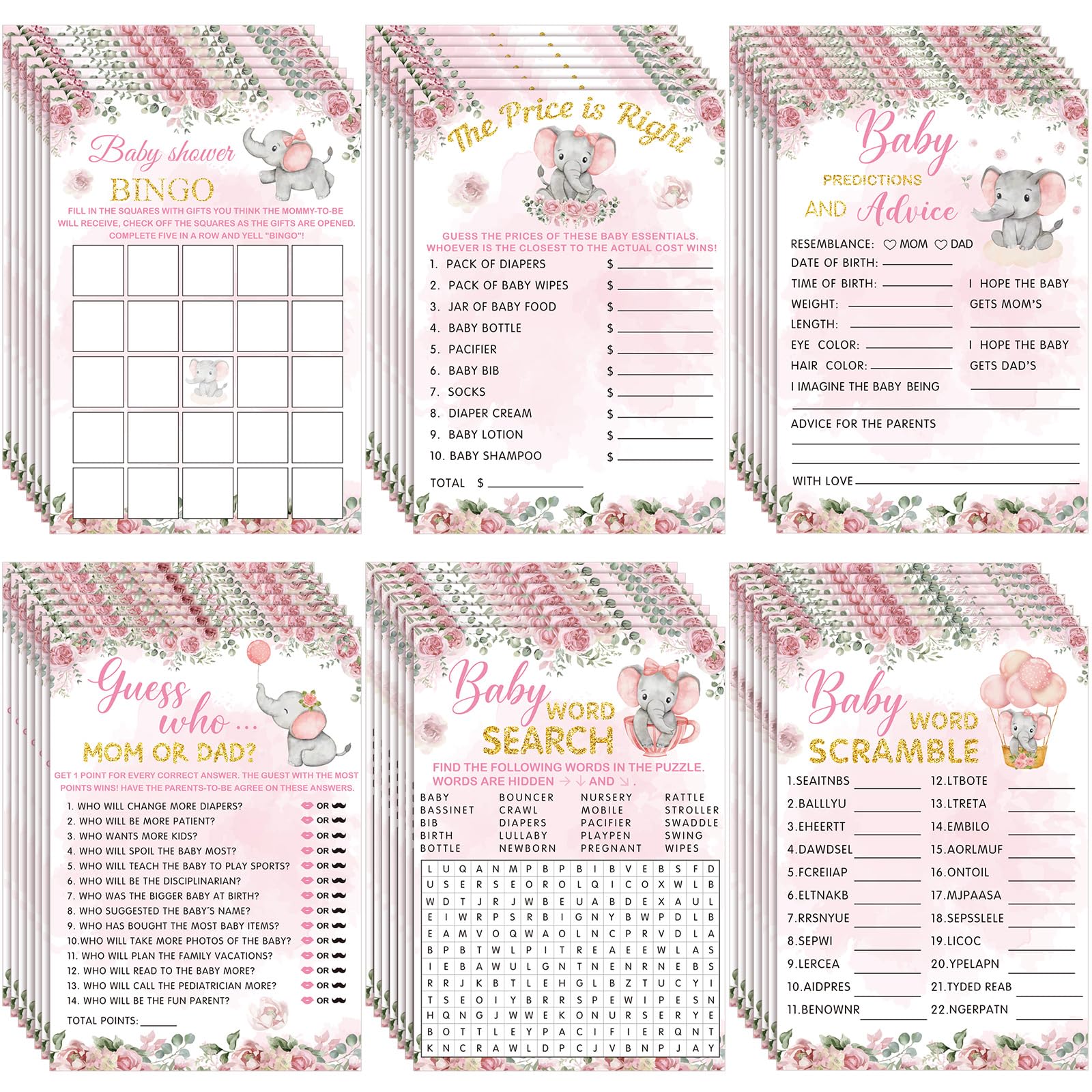 Jetec 302 Pcs Baby Shower Games, 6 Games,50 Sheets Each, Pink Elephant