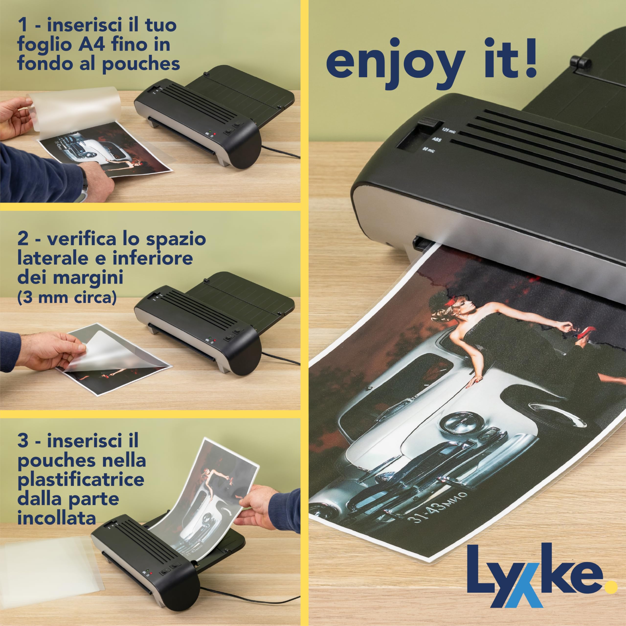 Fogli Plastificatrice A4 100 pz 2x100 micron Lucidi Premium Anti-inceppamento Trasparenti per Foto Documenti