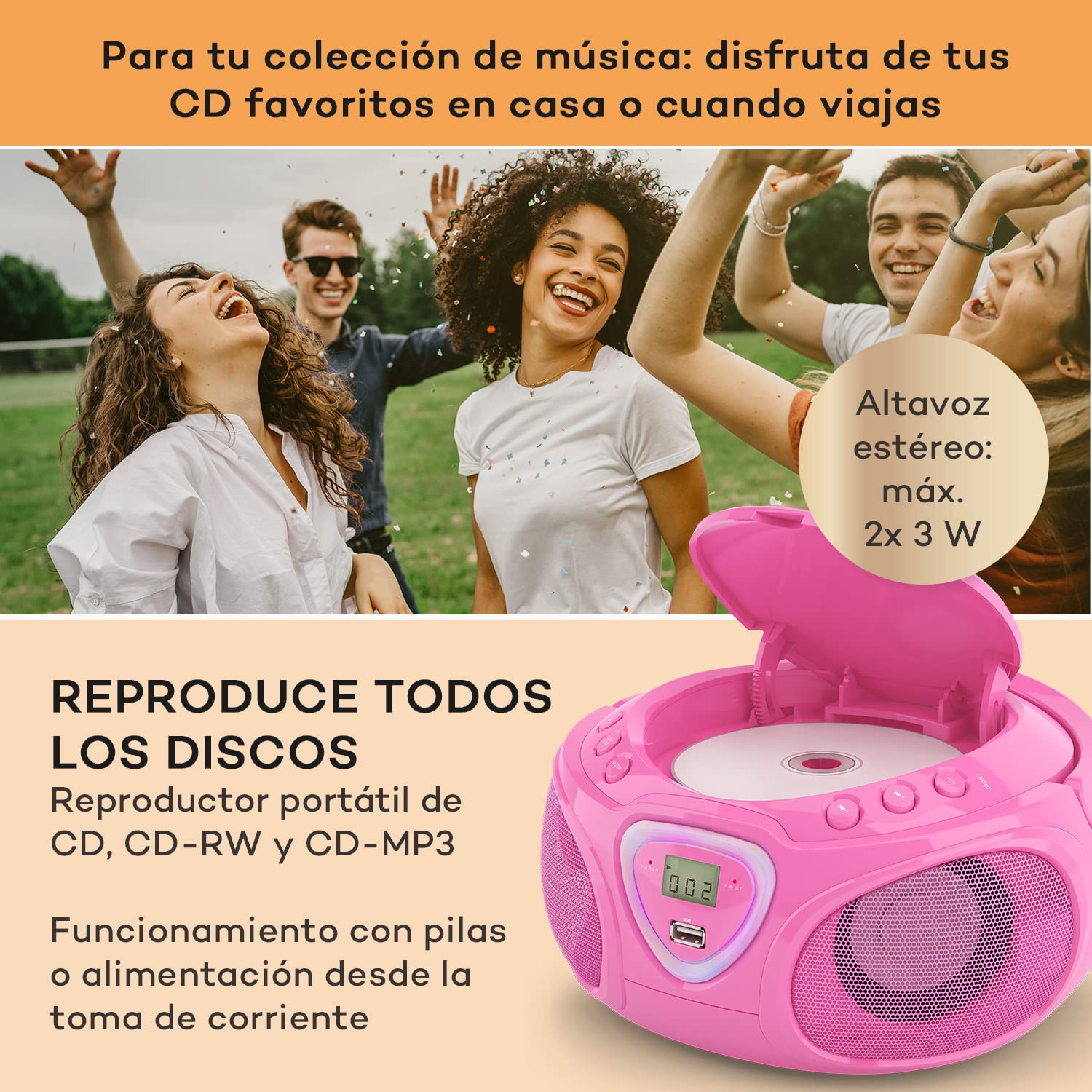 Auna Radio Portatil Pequeña con CD para Casa de 3W, Boombox FM+ Radio con Bluetooth + AUX Sonido Estéreo, Pantalla LED y Luces, con Asa, Transistores Radio Digital con USB, MP3, Carga Eléctrica