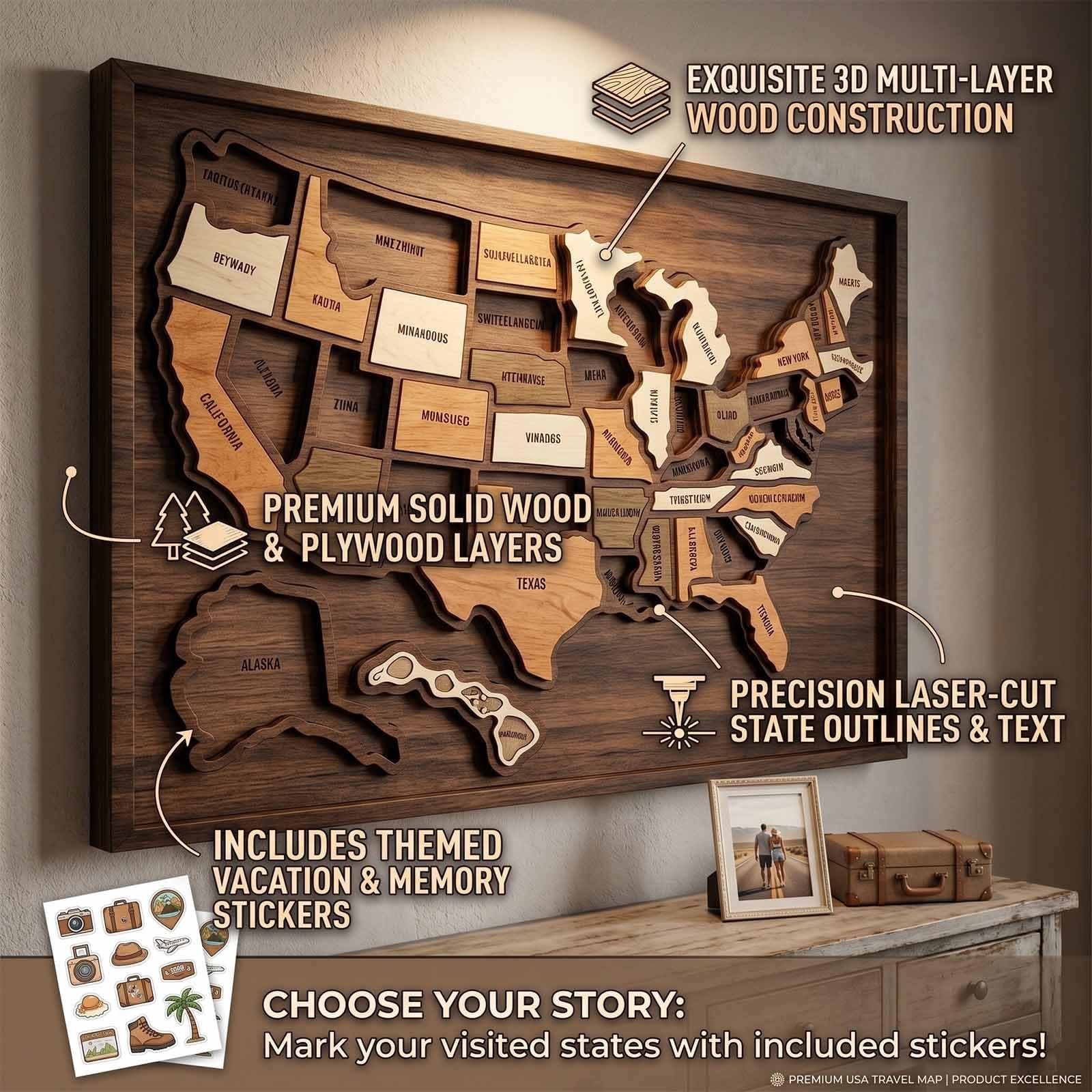 Holz-Puzzlerahmen mit USA-Reisekarte, Markierung der Staatskarte mit Elementen, Wanddekoration for Zuhause, Klassenzimmer, for Paare, Familie, Wohnmobil-Urlaub(A+Sticker*2pcs)