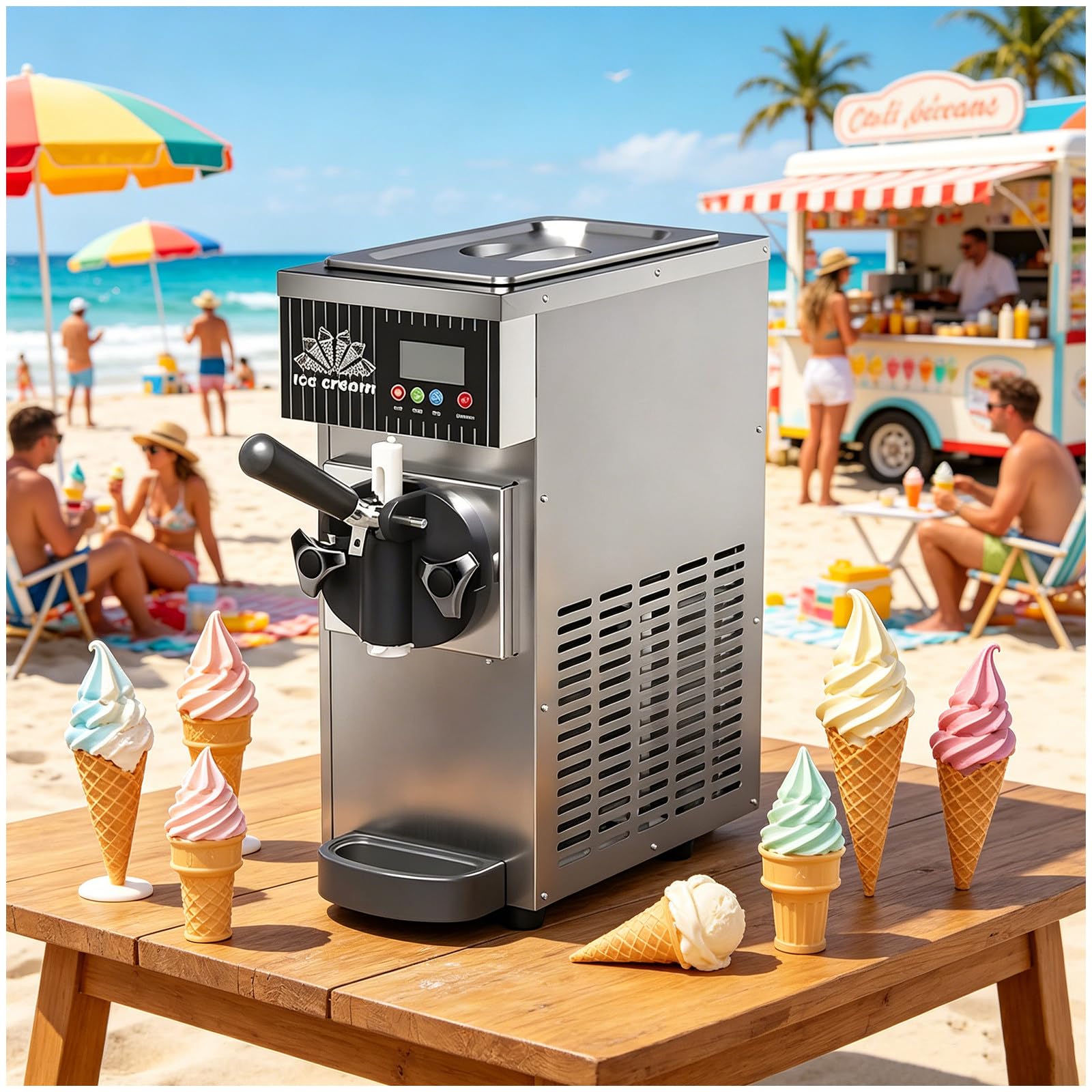 ZEEKYFOR Commercial Ice Cream Maker Single Flavor Soft Serve Ice Cream Machine with LCD Display & Auto Clean, for Beach Holiday Snack Shops 3.5L Metallic