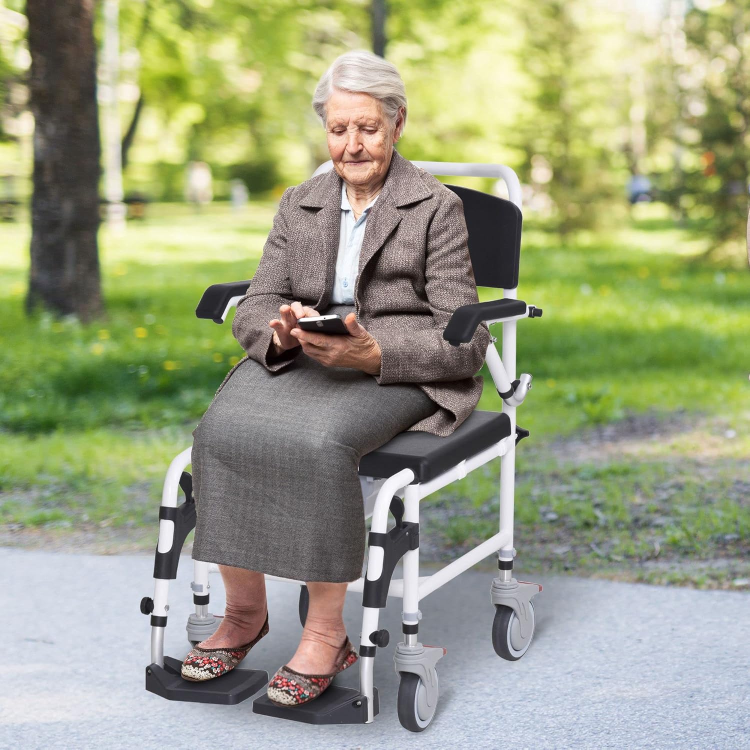HOMCOM Accessibility Commode Wheelchair, Rolling Shower Wheelchair with 4 Castor Wheels, Rectangle Detachable Bucket, & Waterproof Design, Black : Health & Household