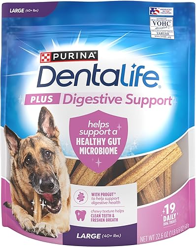 Purina DentaLife Plus - Masticables dentales para perros grandes, con soporte digestivo y sabor a pollo y calabaza, 22.6 onzas, bolsa de 19 unidades
