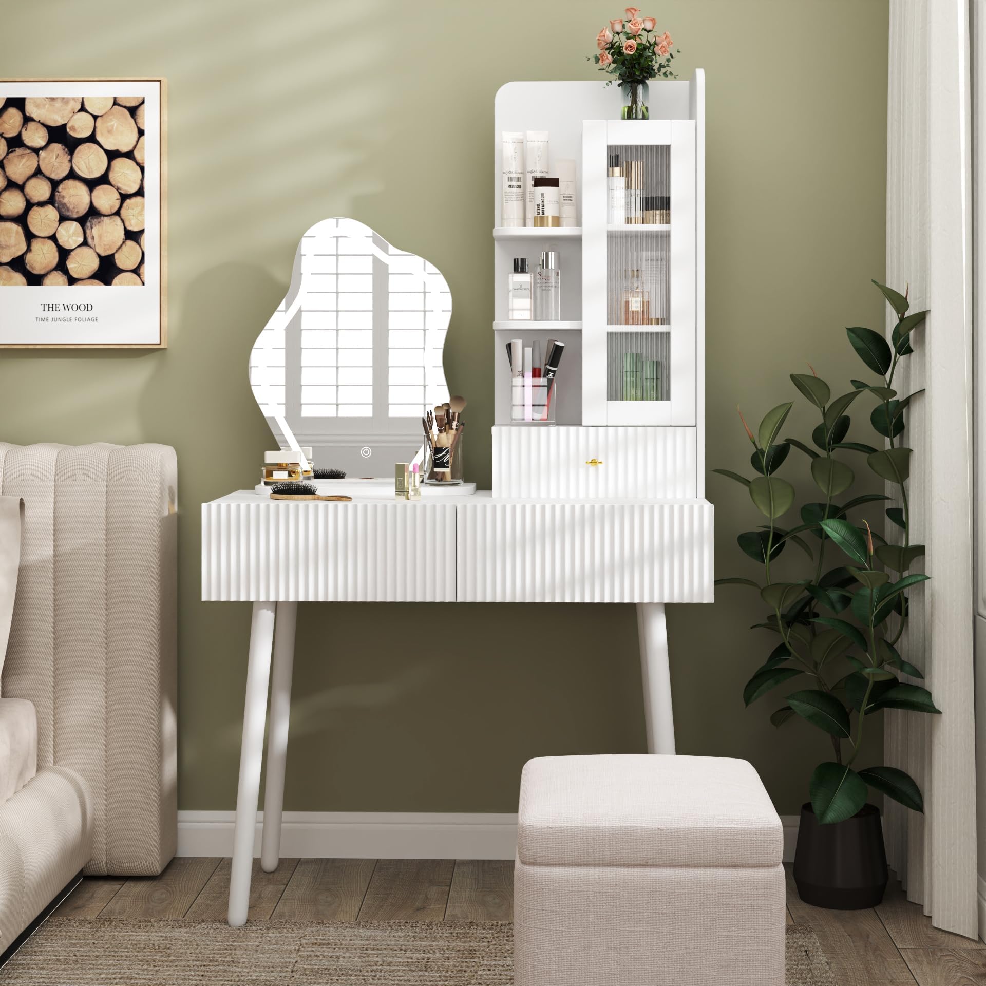 Wakefit 35'' Vanity Desk with Mirror and Lights, White Makeup Table with Irregular Mirror, Large Dressing Desk with Drawers and Cabinet, LED Light with 3 Color Modes and Adjustable Brightness