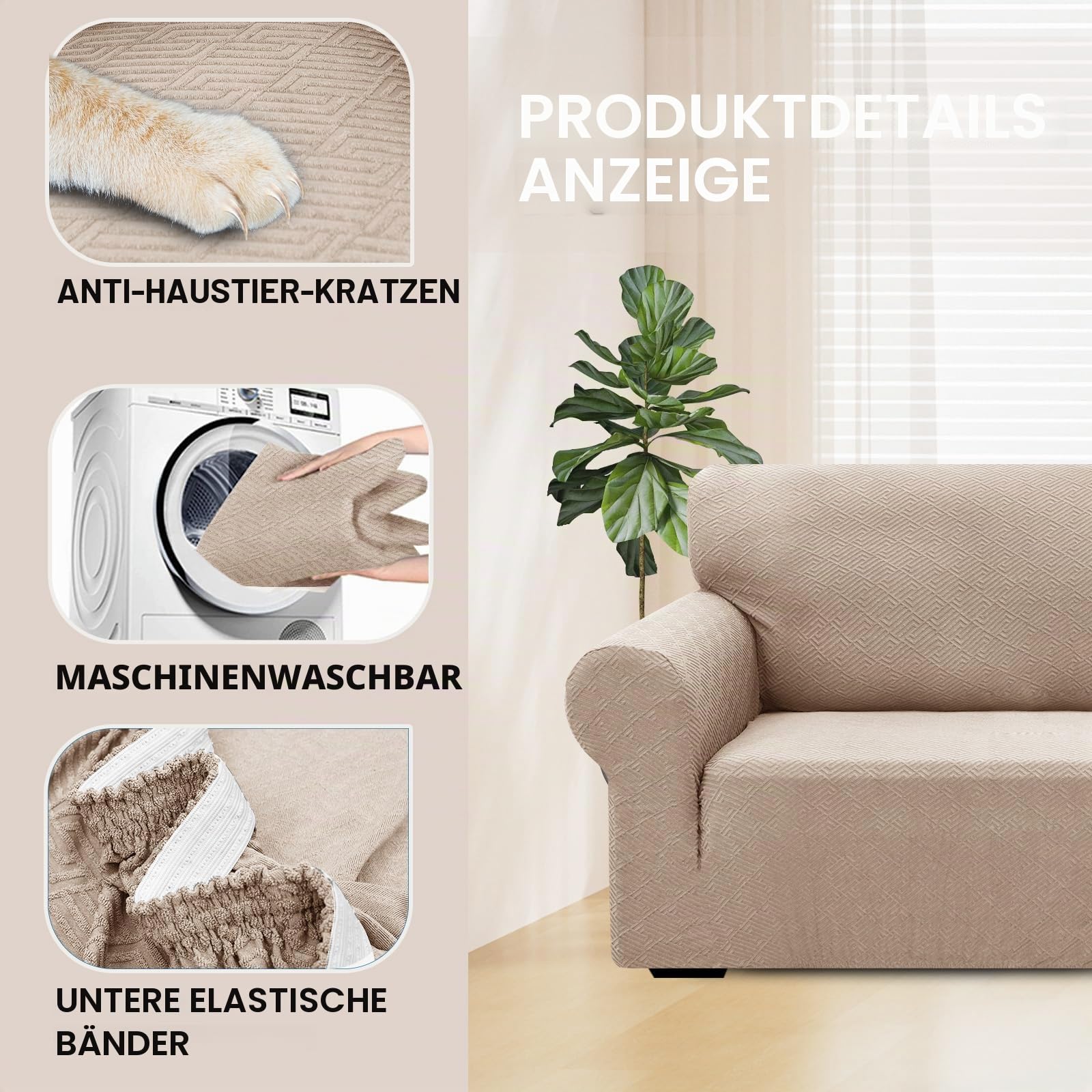 YSTELLAA Stretch Sofa Überzug 3 Sitzer, Sofaschoner rutschfest Mit Armlehne, Universal Jacquard Sofabezug, Dicke Sofabezug Für Hunde Katzen Und Haustiere, Waschbare Sofa Cover, Khaki