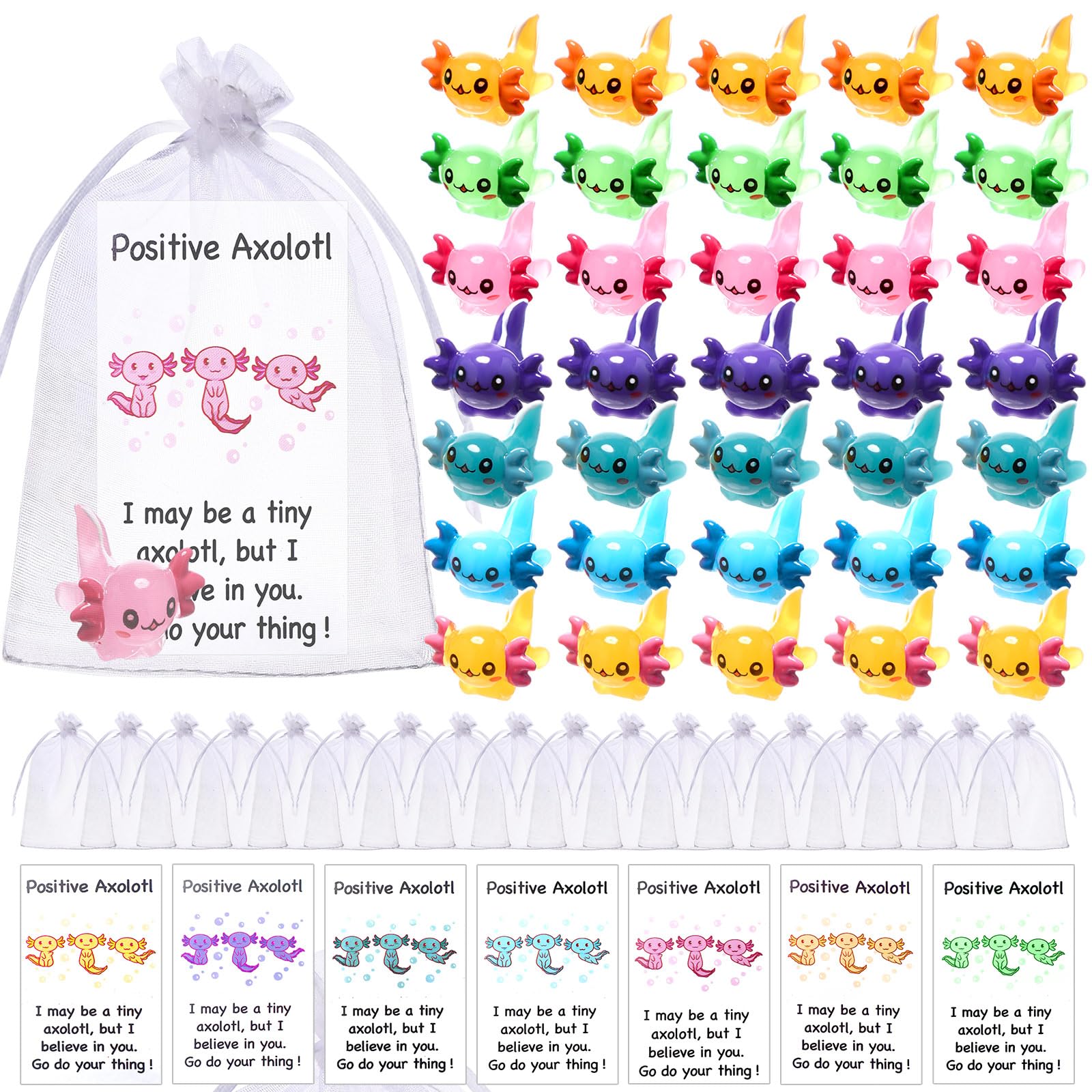 Colingmill 105 Pcs Positive Employee Appreciation Gift Bulk Include Mini Resin Axolotls Encouragement Card Organza Bag Axolotl Figure Party Favor for
