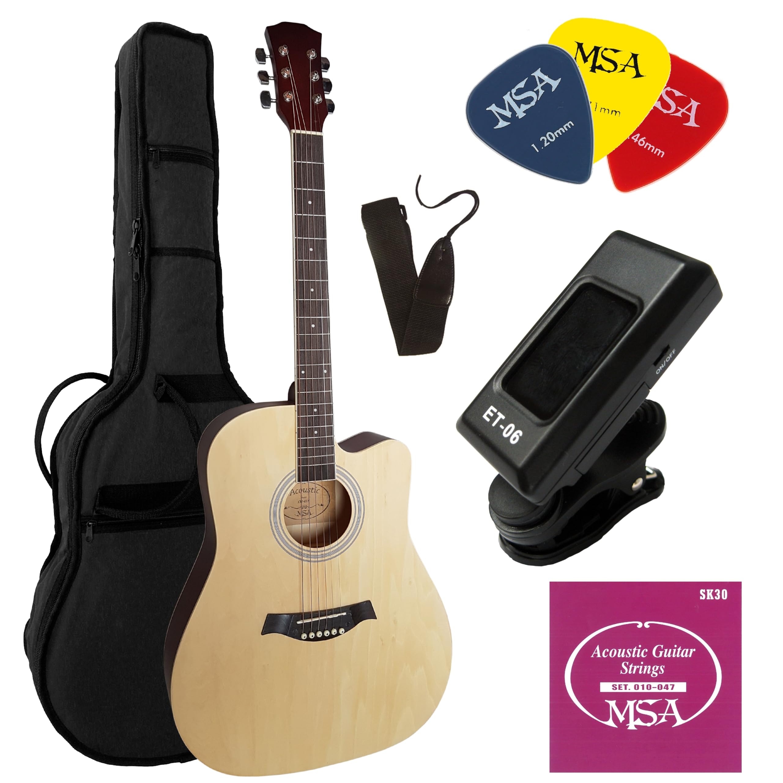 4/4 guitare acoustique adulte nature avec accessoire, set sac, cordes, plectre, accordeur