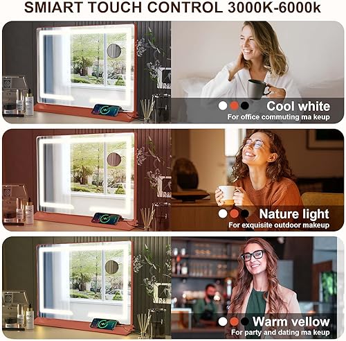 Miniatura 6 de LOWIXI Espejo de maquillaje con luces de 23 x 18 pulgadas, 3 modos de color, controles táctiles, puerto de carga DUSB, marco de aluminio, base