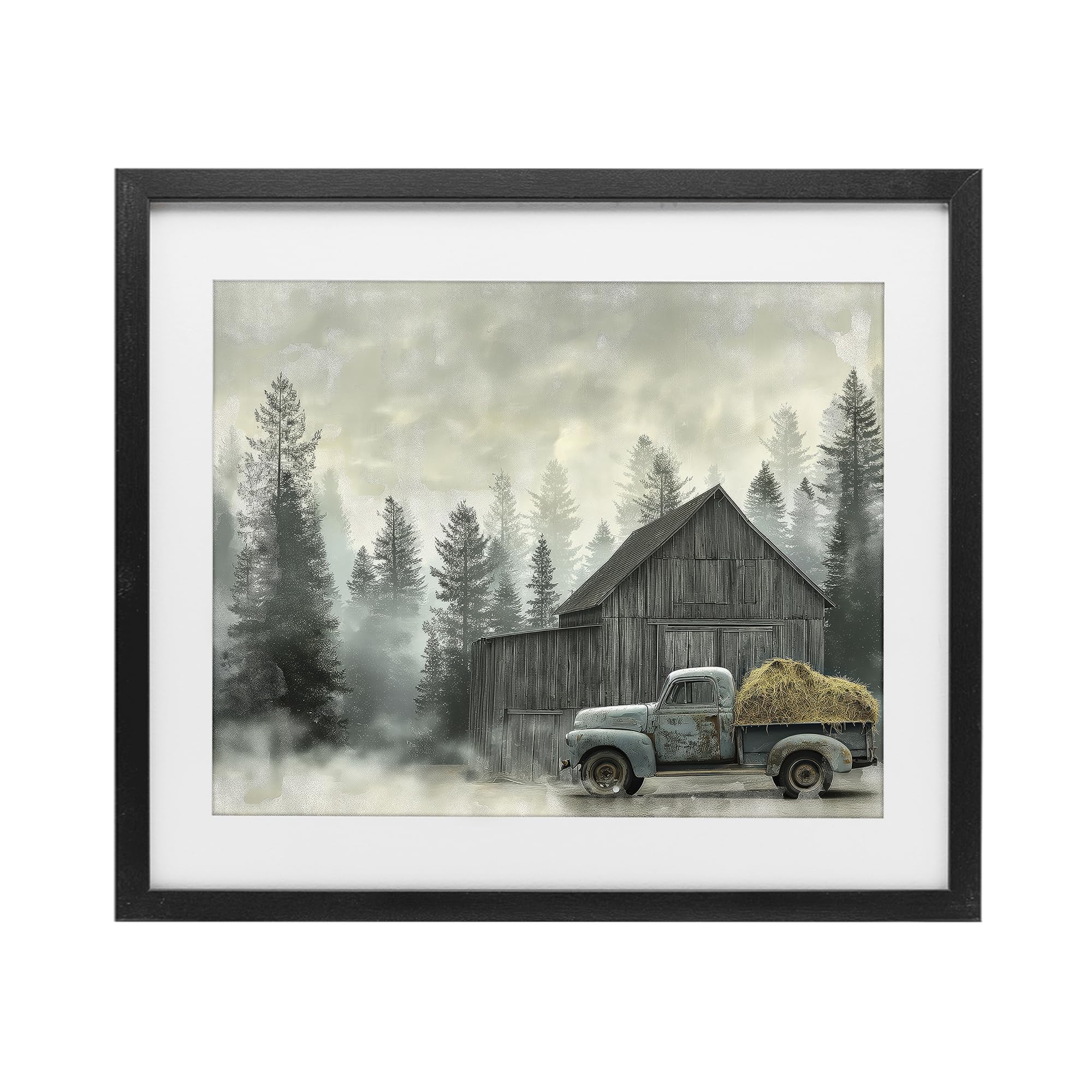 'Vintage Pickup at Misty Barn'| Framed Print Under Glass