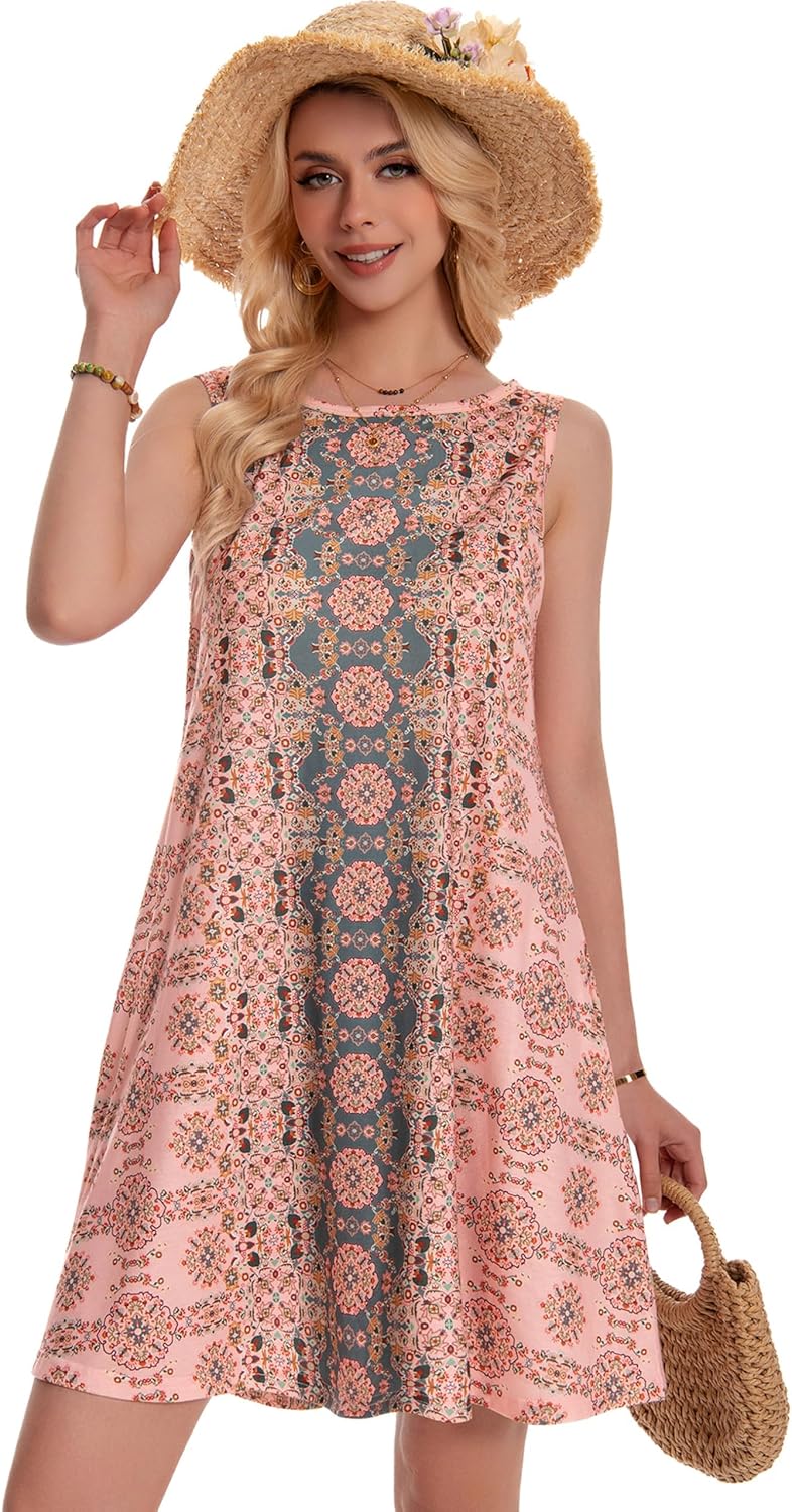 Summer Dresses for Women Beach Boho Sleeveless Vintage Floral Flowy Pocket Tshirt Tank Sundresses - Image 3