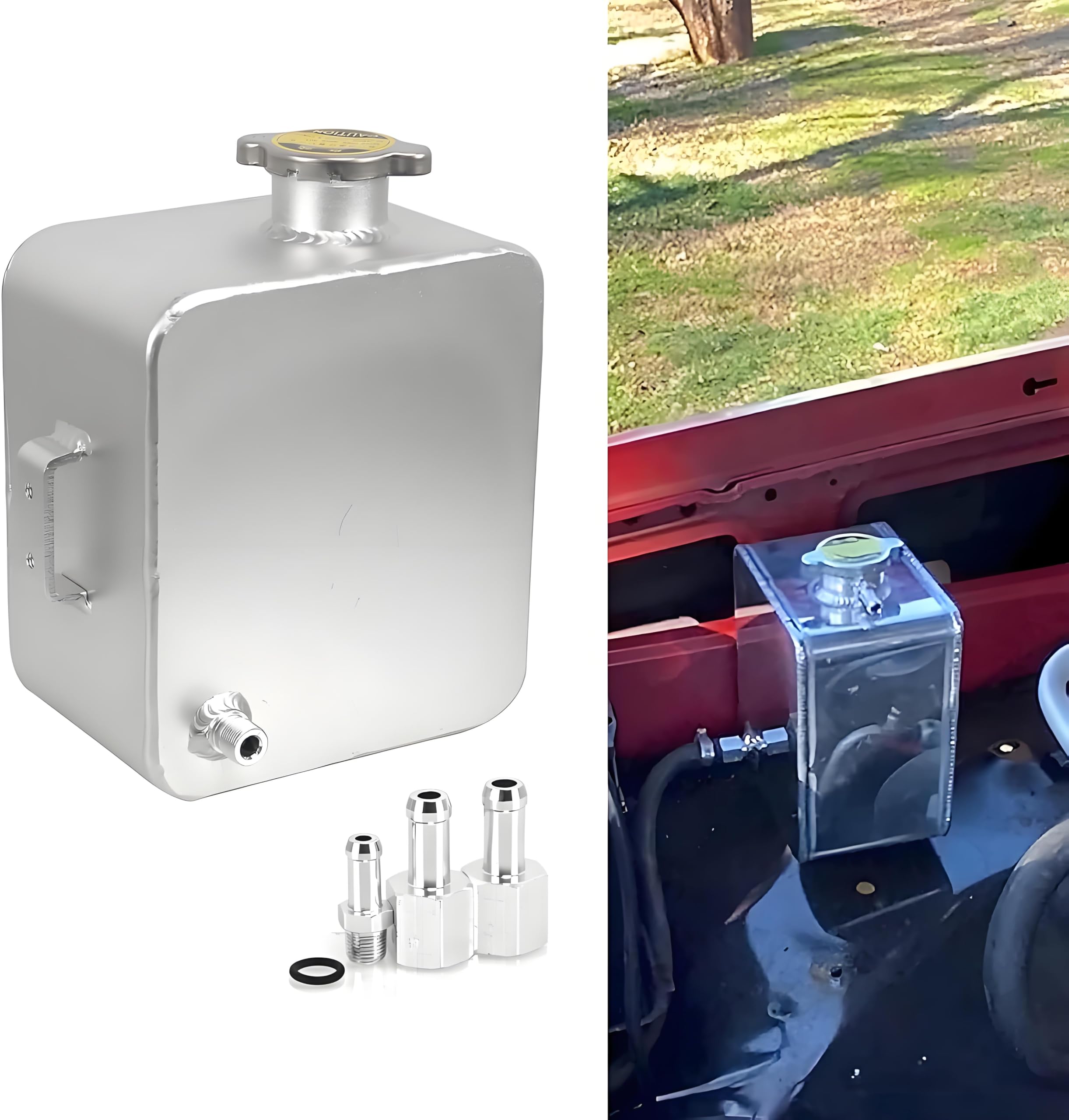 RYANSTAR Universal 2L Water Coolant Expansion Overflow Water Tank Reservoir Complete Header kit Aluminium Alloy Silver (Polished)