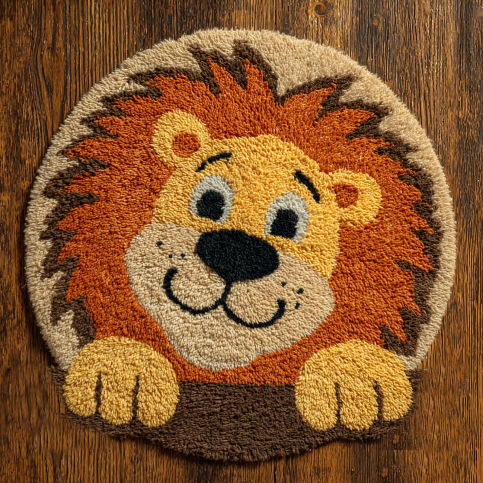 WallustrioaW DIY Latch Hook Rug Kits for Kids,Cartoon Lion,DIY Crochet Carpet Making Beginner Set for Adults Present Decoration,50x50cm