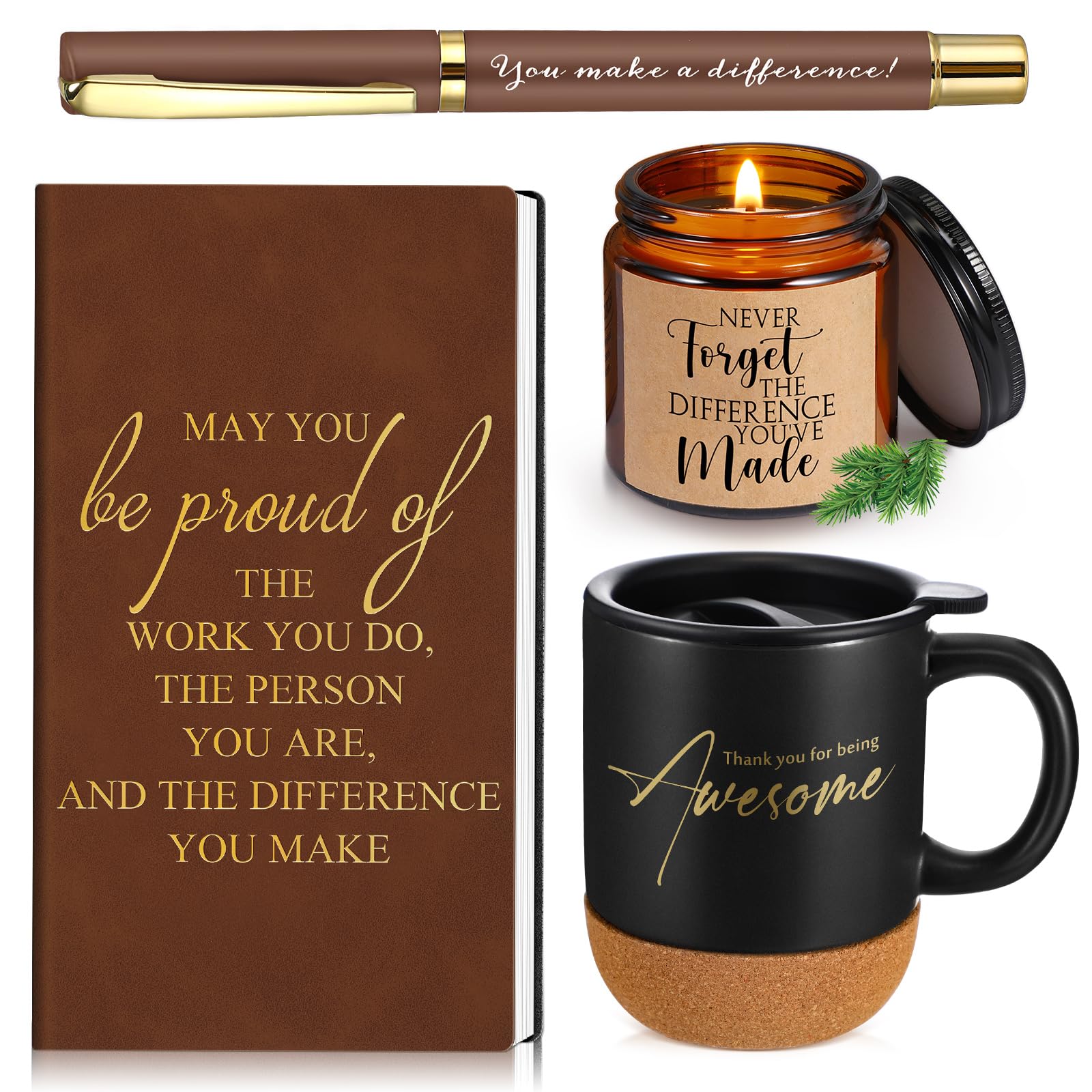 Sayglossy 4 Pcs Thank You Gifts for Women Men Employee Appreciation Notebook Inspirational Coffee Mug Scented Candle Motivational Ballpoint Pen for