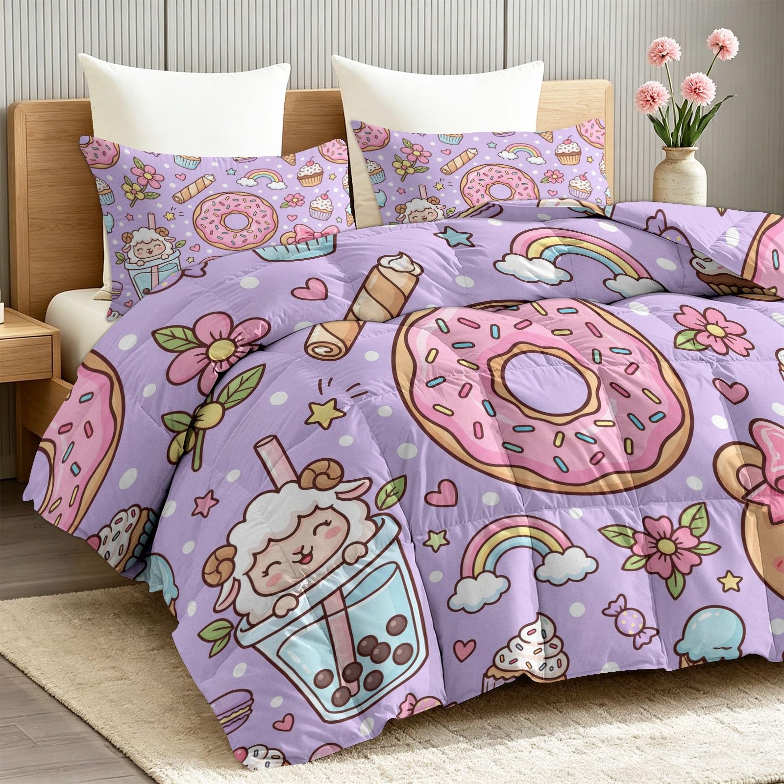 Japanisch Kawaii Bettdecken Ohne Bezug 4 Jahreszeiten für Jungen 155x220 cm, Cartoon Donuts Teddybären Bubble Tea Reversible Daunendecke Teens Männer - Violett Weicher Waschbare Bettdecke