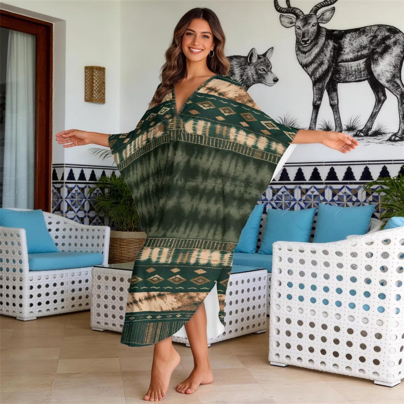 Poceacles Damska sukienka kaftanowa tie-dye wzór plus size sukienka boho z rękawami nietoperzowymi zwiewna kaftan okrycie plażowe