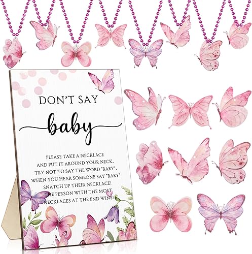 Miniatura 8 de Roowest 51 No Digas Juego de Baby Shower Rosa Decoraciones de Baby Shower Rosa Incluido Signo de Juego de Rosa en Madera para Mesa 50 Collares