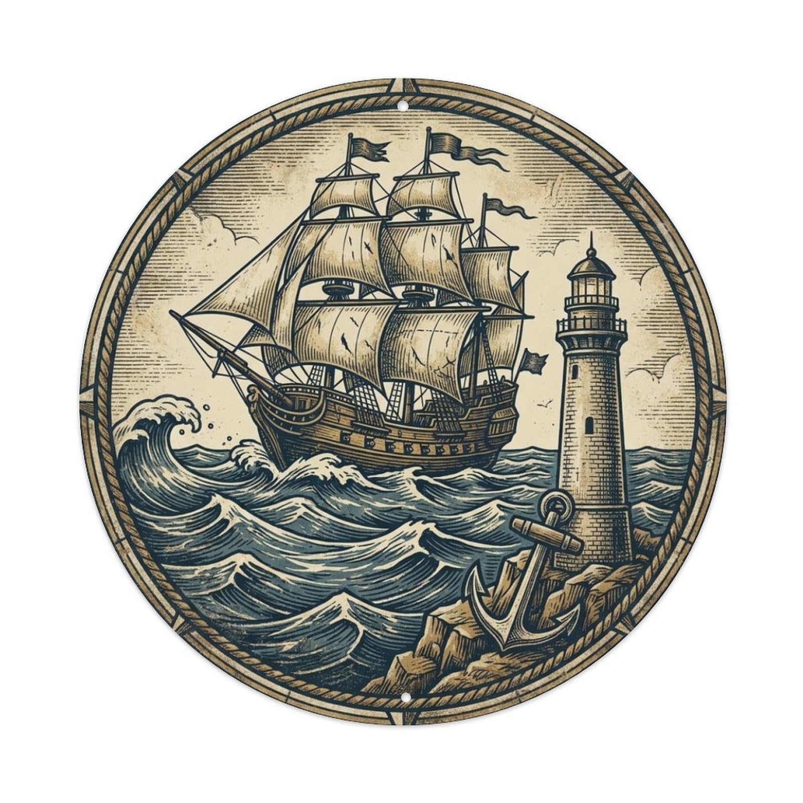 Pirate Ship Lighthouse Anchor Kraken Voyage Emblem Metal Tin Sign