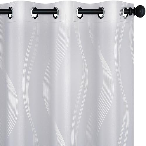 Deconovo Blackout Curtains, Wave Strip Foil Printed Room Darkening Drapes, Thermal Insulated Curtains for Living Room, Light Greyish White, 42x84 Inch, 2 Panels