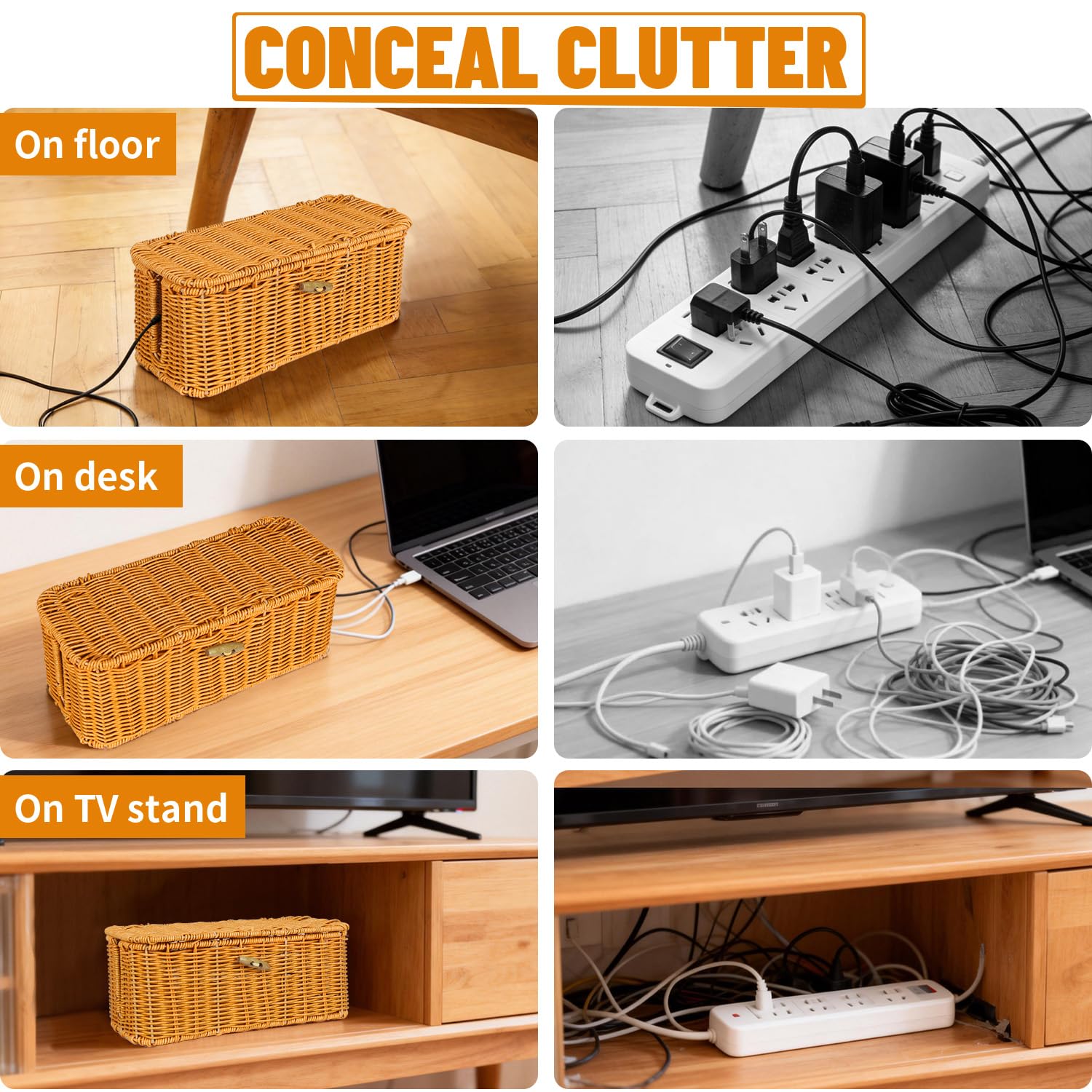 2 cajas de gestión de cables de ratán tejidas a mano, caja organizadora de cables con tapa, cesta oculta de cables de ranura abierta, caja de almacenamiento decorativa para ocultar computadoras