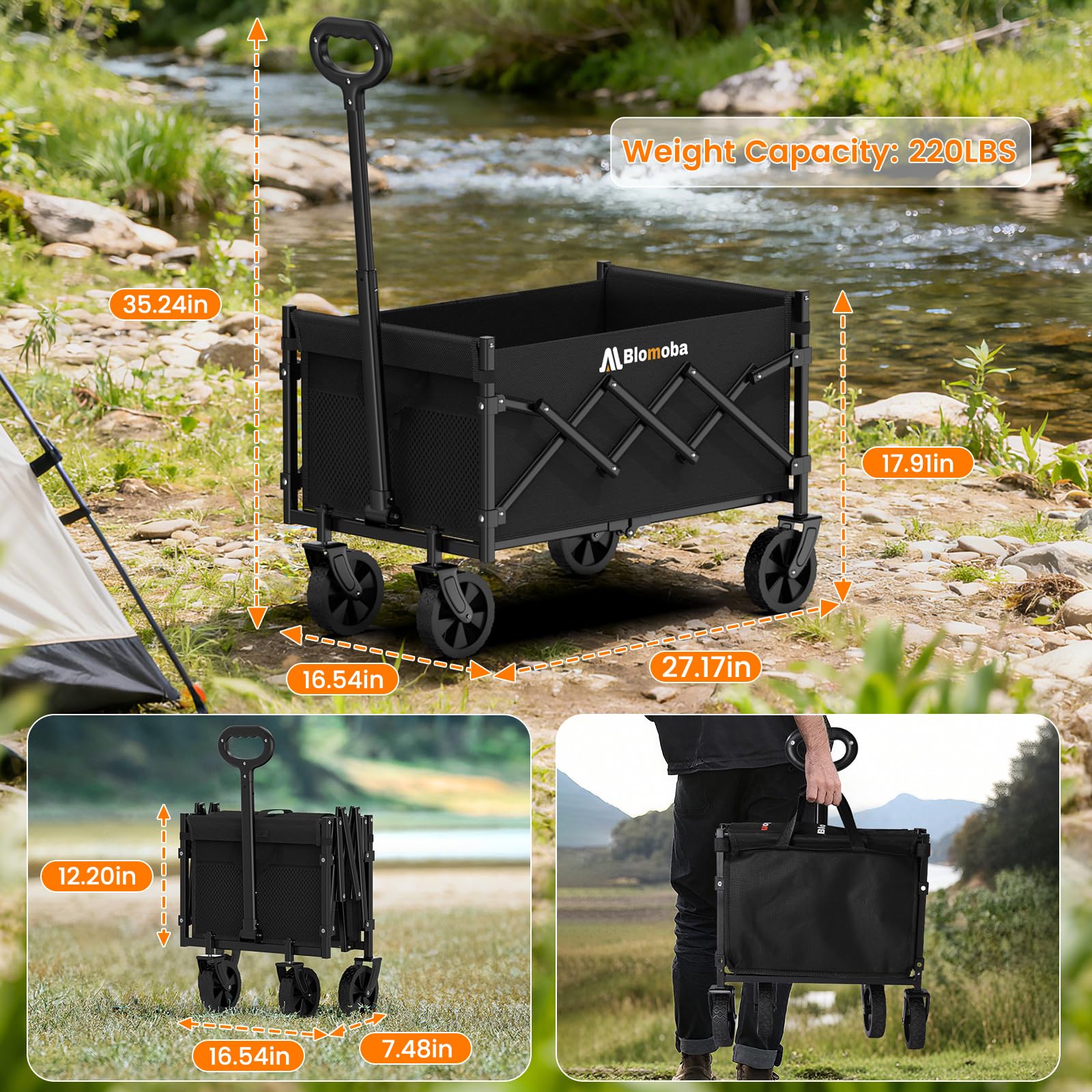 Blomoba Folding Wagon Cart with Wheels, 220lbs Utility Wagon Cart, Black — Amazon image 3