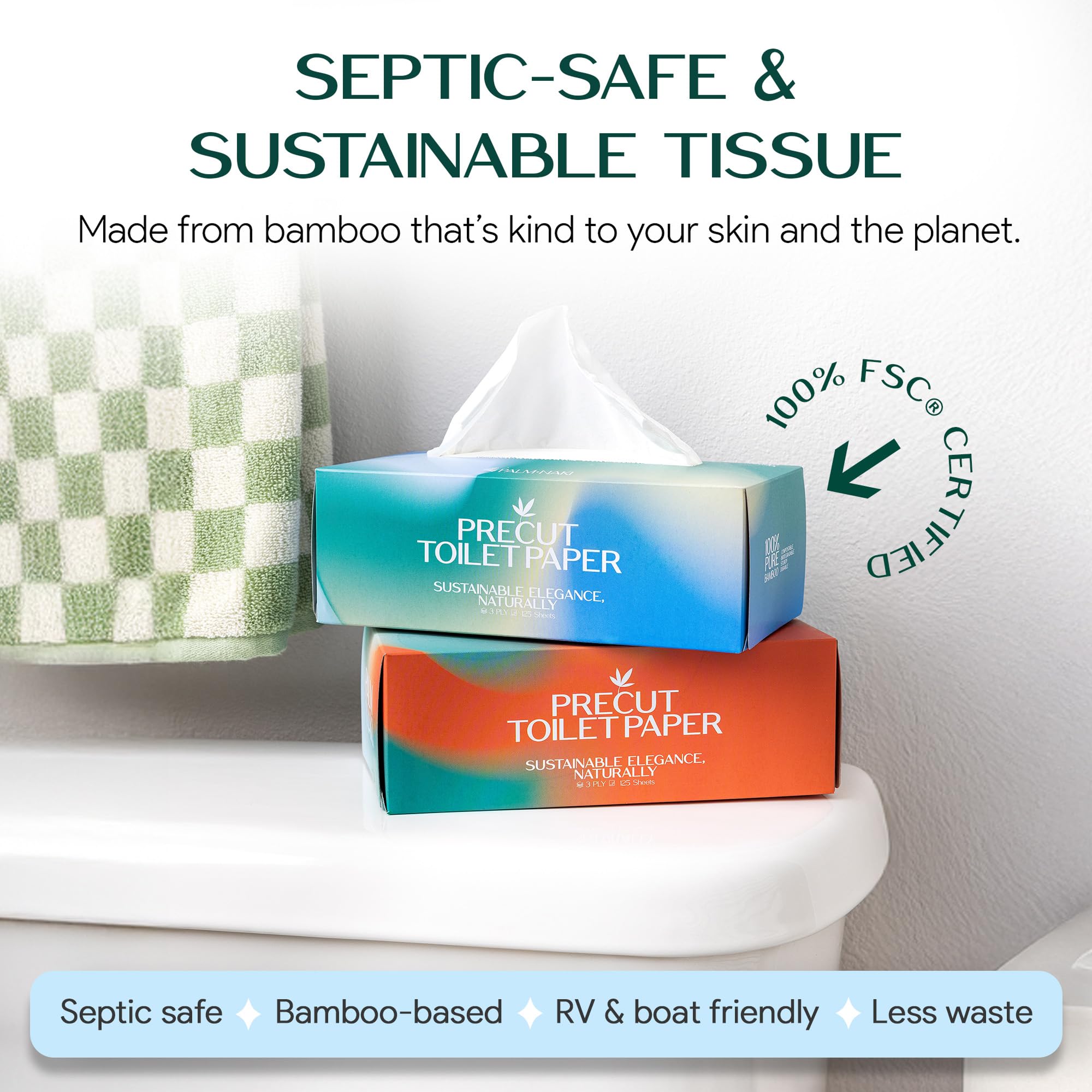 Palm Naki Papel higiénico precortado en caja, 100 % bambú, 3 capas, 125 hojas por caja, paquete de 3, papel higiénico de disolución rápida, apto para sépticos en formato de pañuelos faciales para