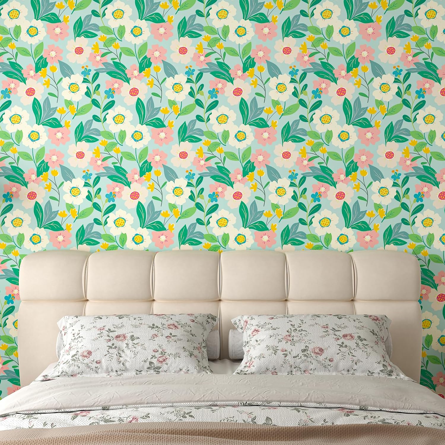 CHIHUT Peel and Stick Floral Wallpaper 17.7''x236'' Soft Sky Blue Vibrant Multicolor Wildflower Wallpaper Waterproof Removable Self Adhesive Contact Paper for Accent Walls Shelves Dorm Renters